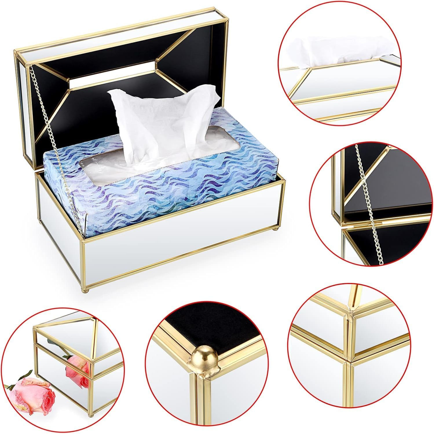 Rectangular Glass Paper Tissue Box, Decorative Glass Napkin Storage Box (Gold) - Transparent image number 5