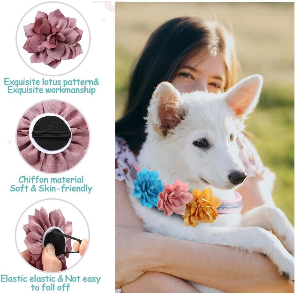 20 Colors Dog Collar Bows Flowers Multi Color Accessory Pet Bow Ties Flower Collars Multicolored for Dogs Grooming Cat Puppy Collar Grooming Accessories, Chiffon Fabric