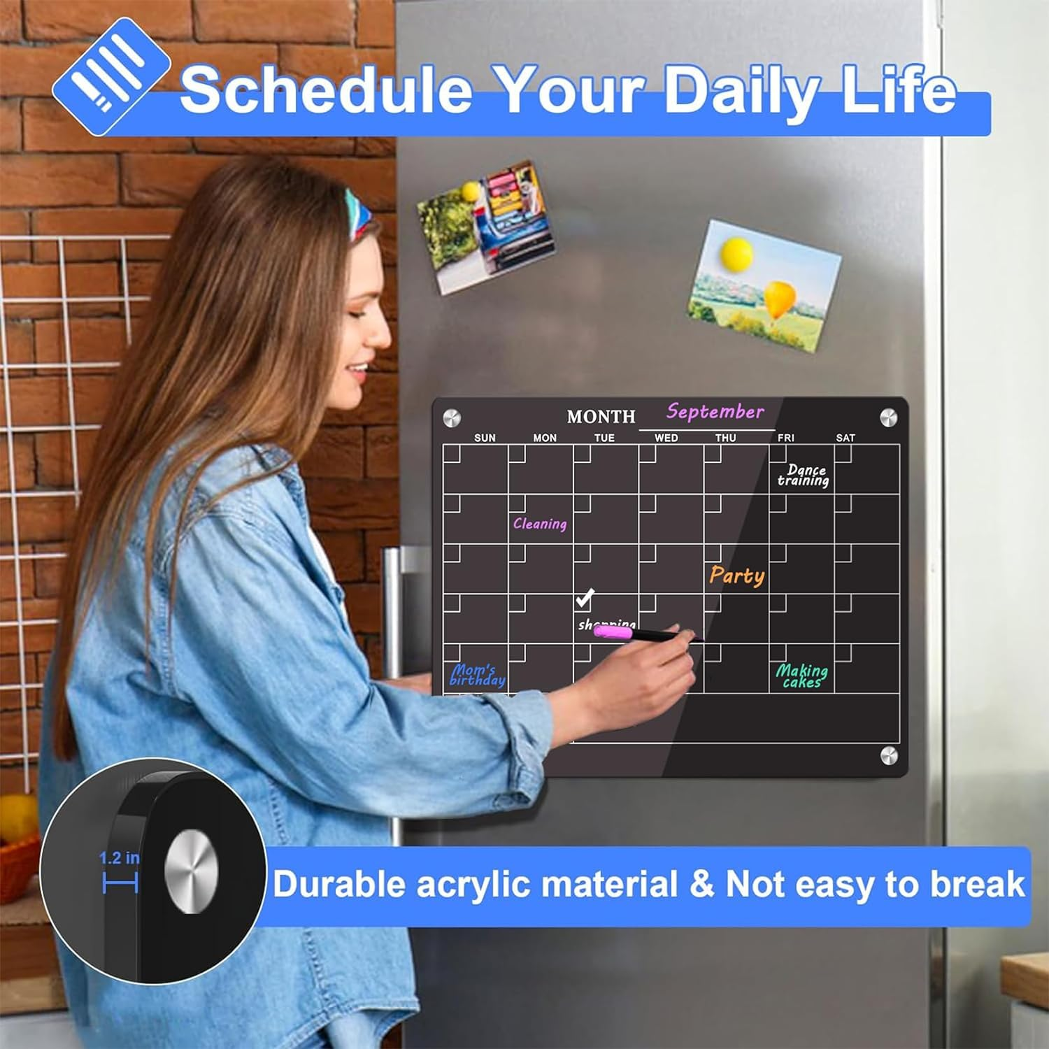 Acrylic Fridge Calendar for Refrigerator Monthly and Weekly Magnetic Planner Board Reusable Planner Board Organiser Board for Kitchen 2PCS Planning Boards Black