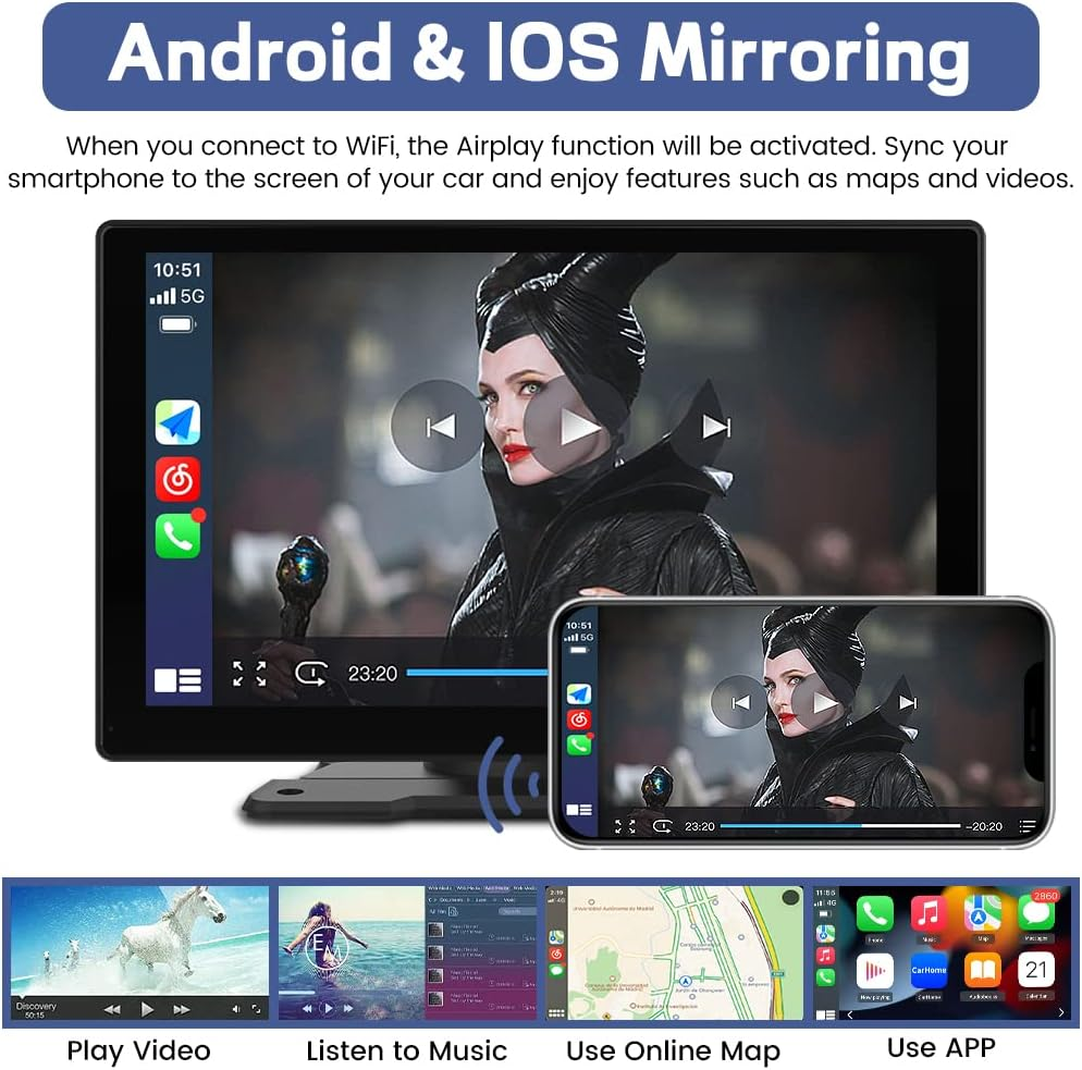 9 Inch Wireless/Wired Carplay, Android Auto and Mirror Link, IPS Touch Screen Portable Car Stereo, Bluetooth Audio, Siri, Navigation Car Screen for All 12-24V Vehicles image number 1