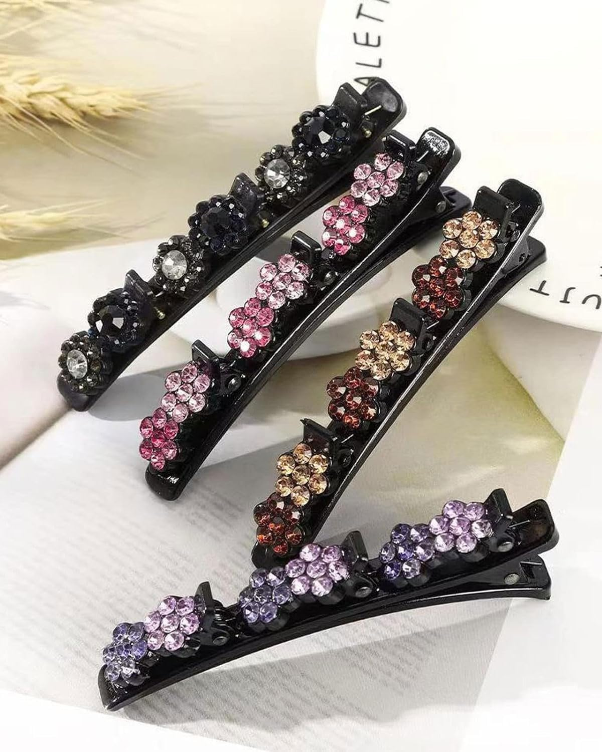 KGDUYC 4Pcs Braided Hair Clips with Crystal Stones, Hair Clip with Crystal Flower, Braided Duck Beak Clip, Braided Hair Clips, Hair Accessories for Women image number 1