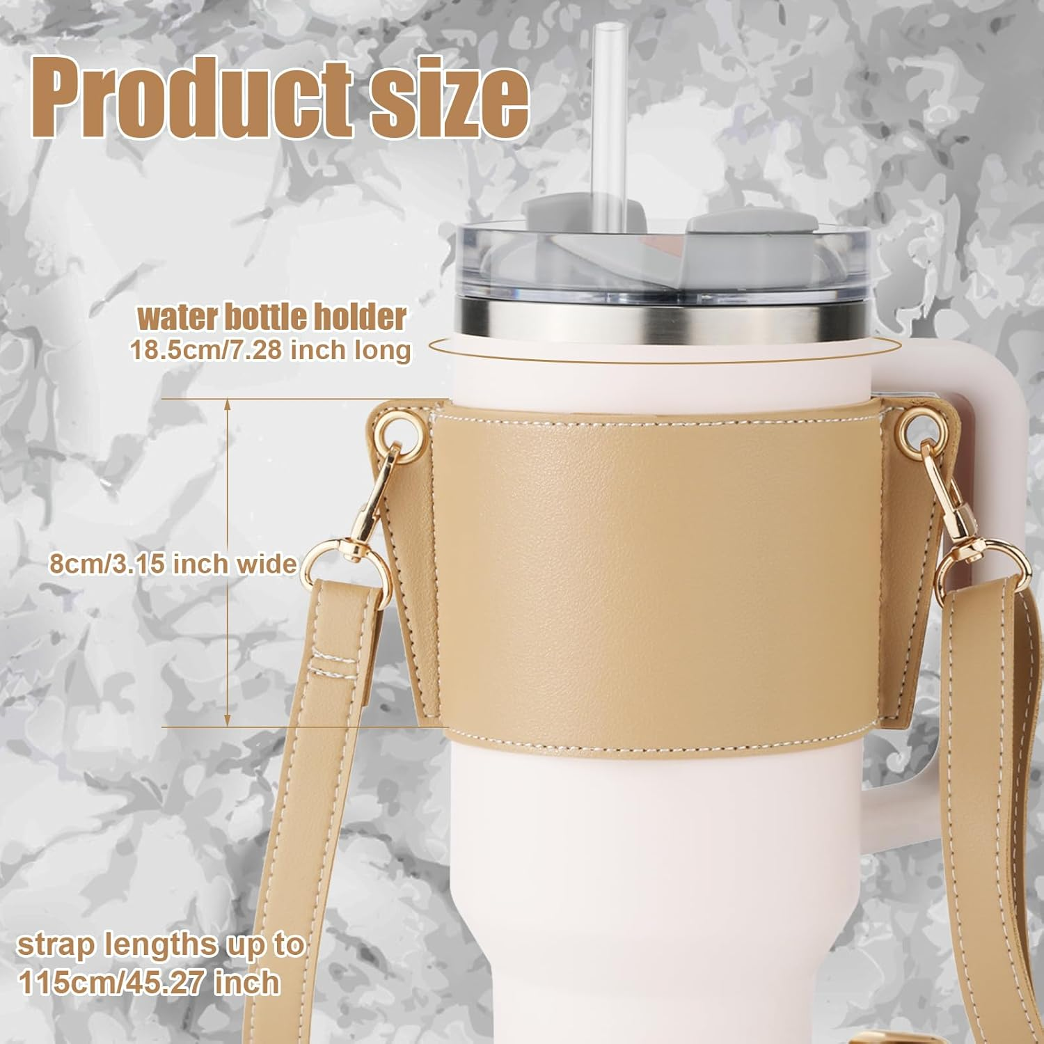 PEUTIER Water Bottle Holder with Strap for Stanley Cup, Adjustable Leather Carrier Strap Water Bottle Bag Compatible with Stanley 40Oz & 30Oz Tumbler with Handle(Apricot)