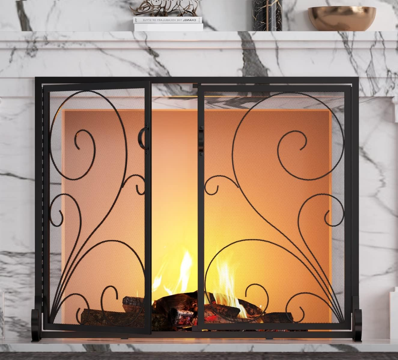 Fire Beauty Fireplace Screen with Doors, Handcrafted Solid Steel, Heavy Duty Metal Mesh, Powder Coat Finish, Spark Guard image number 1