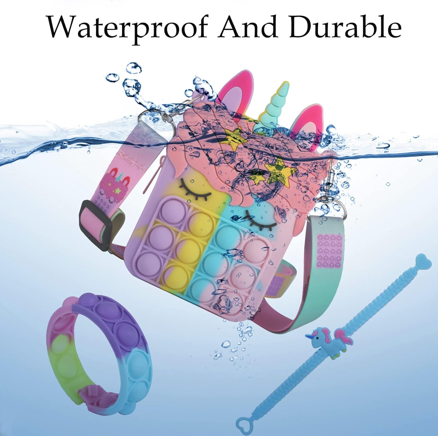 Fidget Purse, Pop Fidget Push It Bubble Popper Unicorn Bag with Bulk Fidget Bracelets Key Chain Stress Relief Toys for Girls Ages 3-12 Gift Easter Basket Stuffers Birthday Party Favor Xmas Stocking