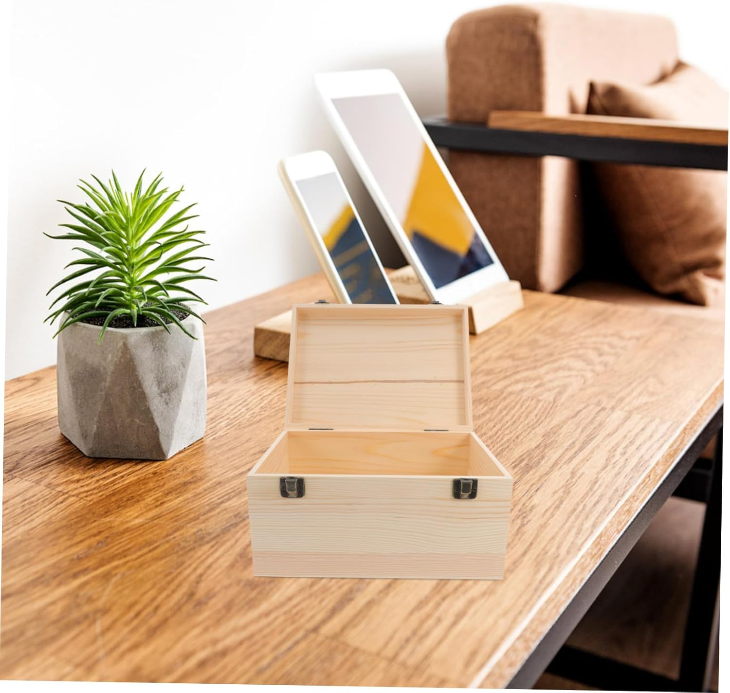 2Pcs Unfinished Wooden Box: Wooden Treasure Chest with Hinged Lid Blank Pine Keepsake Storage for DIY Projects Jewelry Keepsakes Decorations image number 2