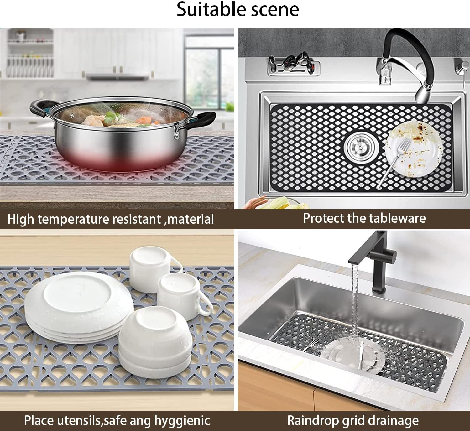 Foldable Non-Slip Sink Mat, Silicone Sink Protectors for Kitchen Sink, Sink Mat Grid for Bottom of Farmhouse Stainless Steel Porcelain Sink for Center Drain (26''X 13.8'')-Grey