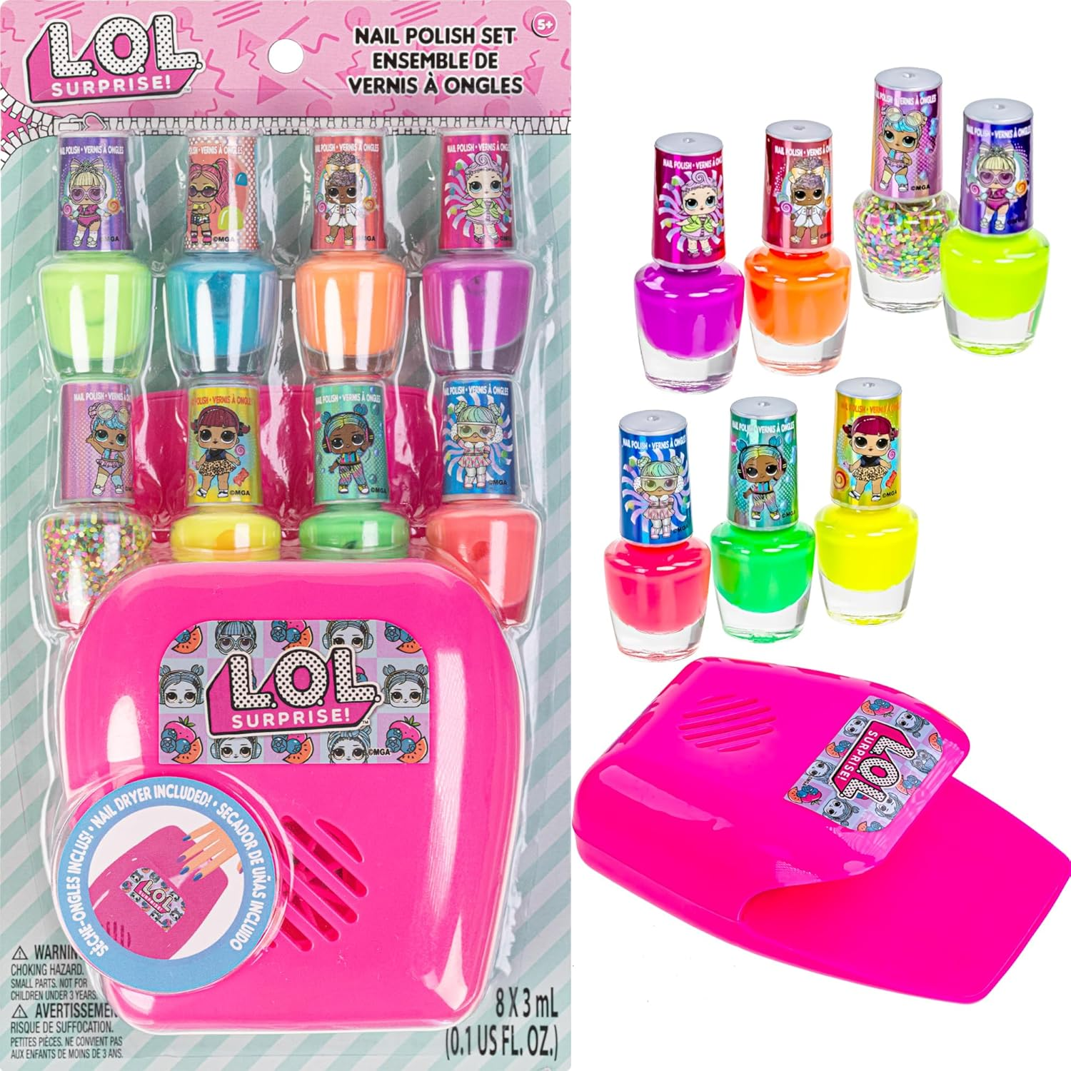 L.O.L Surprise! 8 Pc Non Toxic Nail Polish Set for Kids with Nail Dryer | Peelable Nail Varnish Kit for Ages 3+ by Townley Girl image number 3