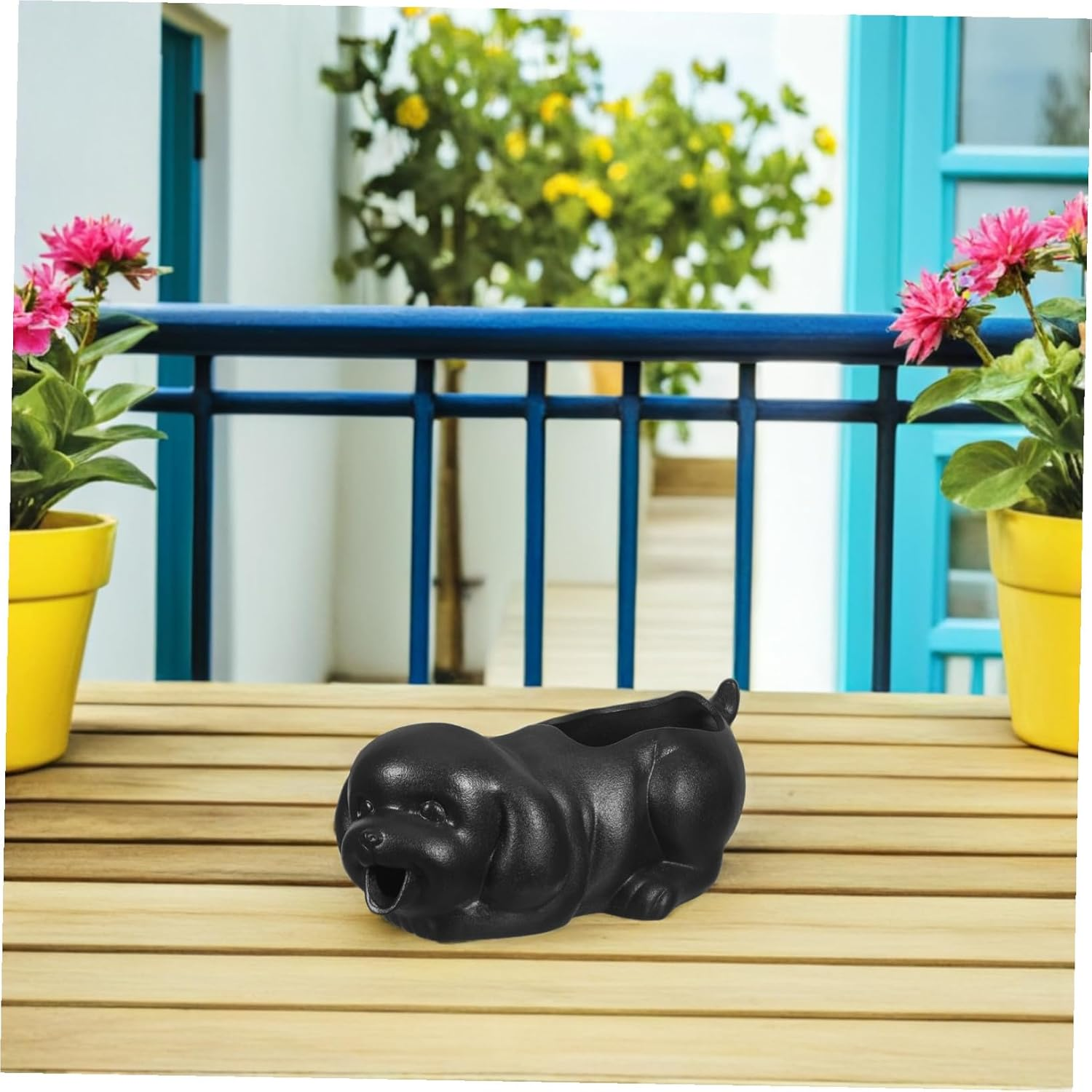 Ceramic Dog Fountain Spitter for Outdoor Water Fountains with Planter Function Bonsai Water Feature for Garden and Fish Tank Landscape - Black image number 2