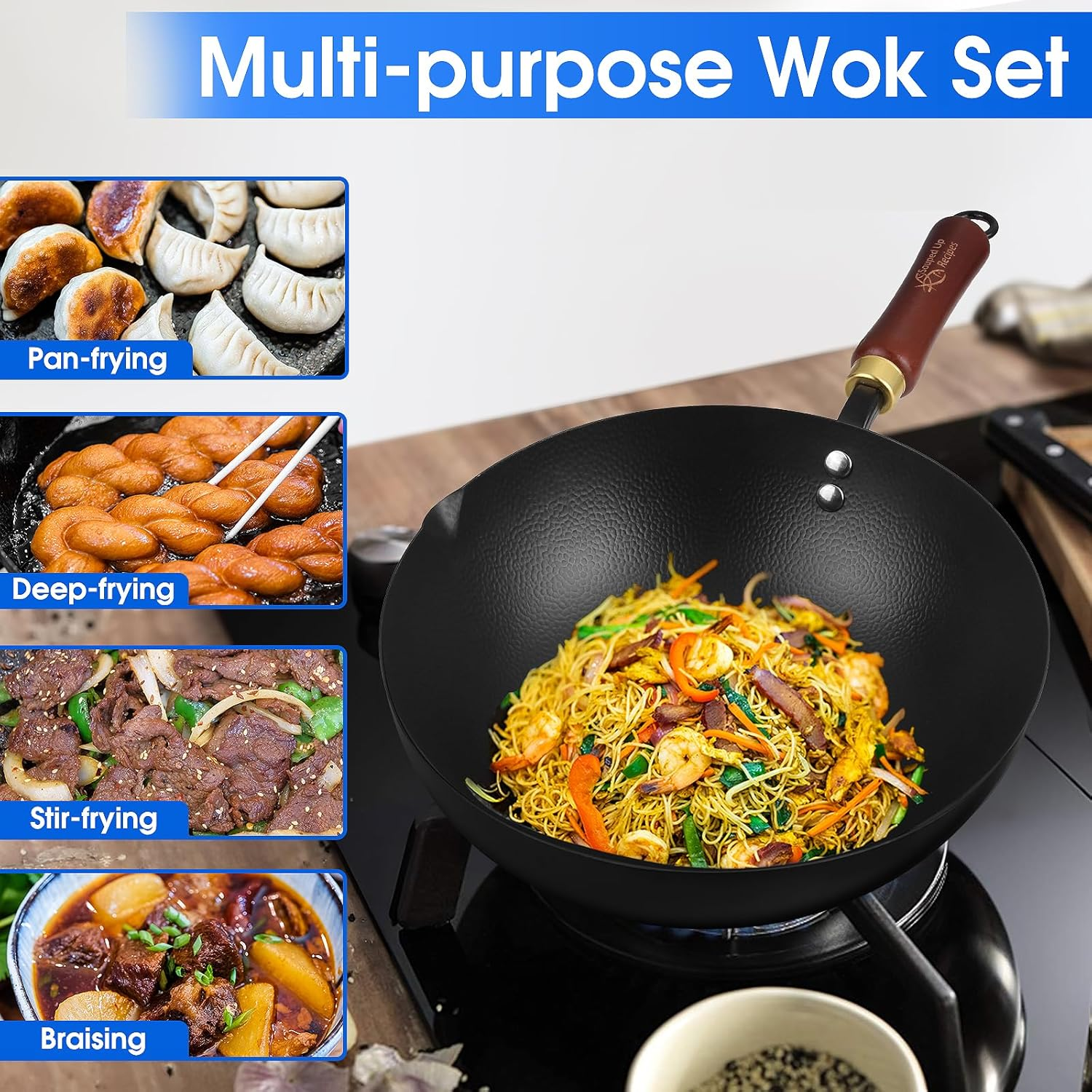 Souped up Recipes 10 Inch Carbon Steel Wok for Electric, Induction and Gas Stoves (Lid and User Guide Video Included) image number 5