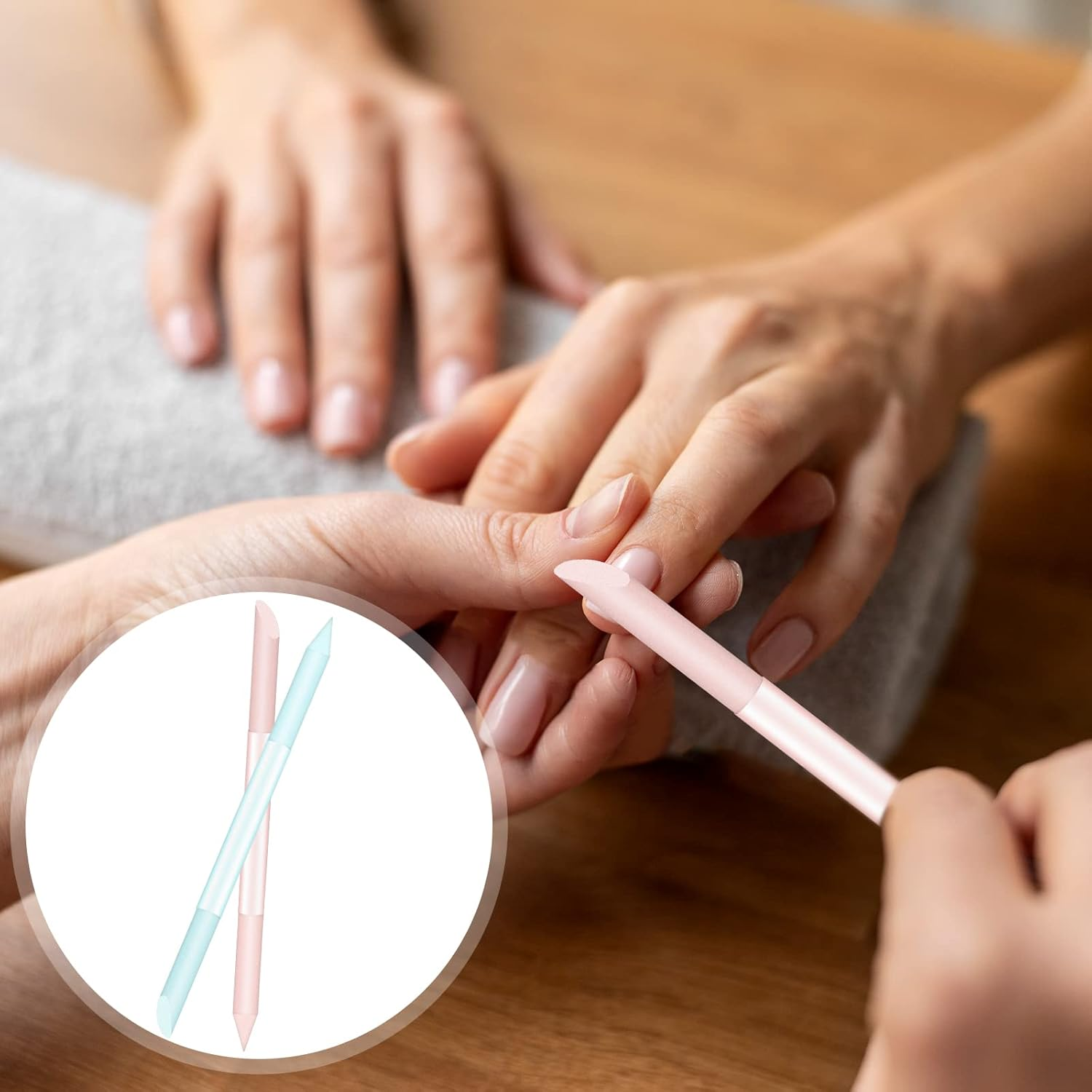 Pack of 2 round Nail File Glass Cuticle Pusher Cuticle Remover Tool Double-Sided Cuticle Trimmer Professional Manicure Stick (Blue, Pink) image number 4