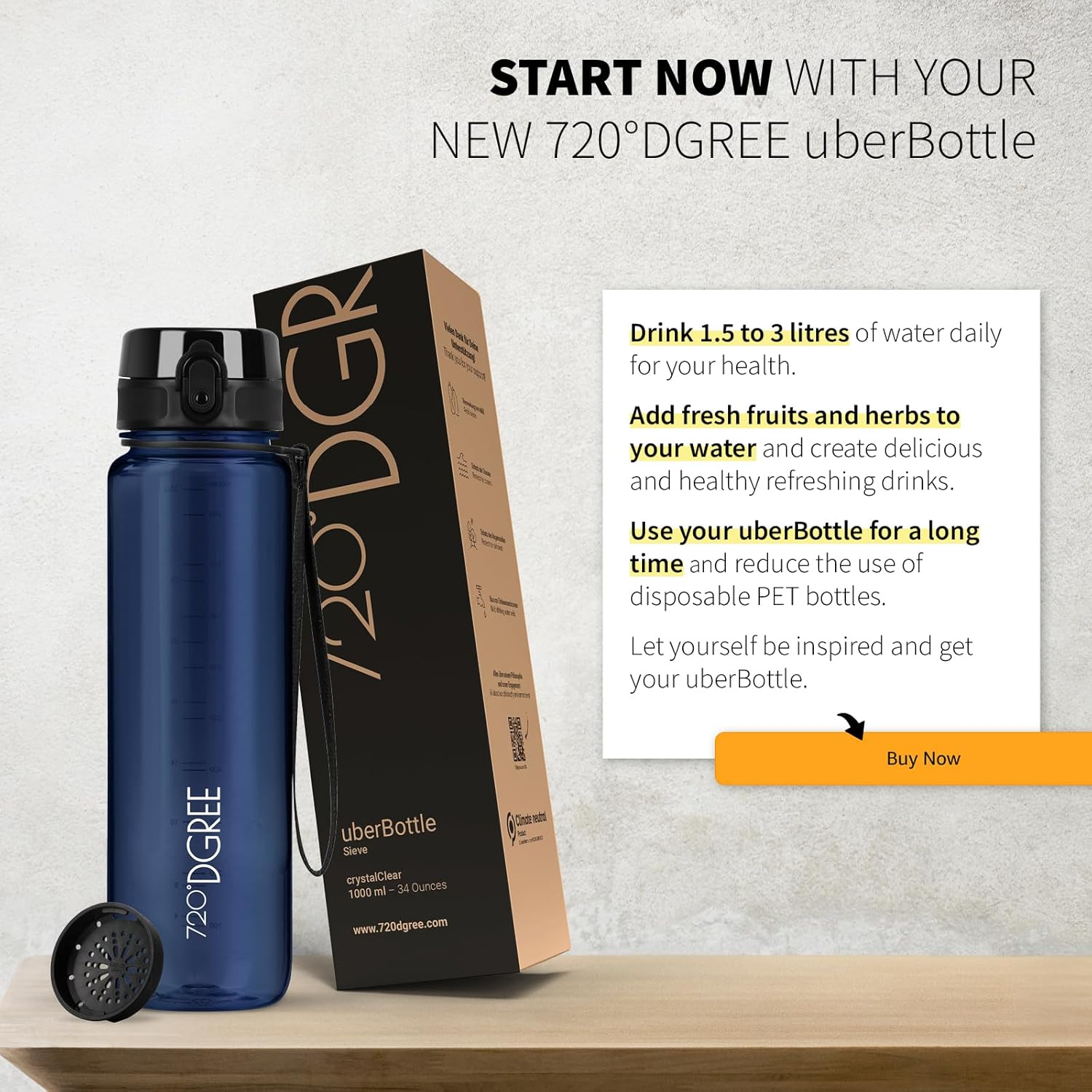 720&deg;DGREE Crystalclear 500 Ml "Uberbottle" + Fruit Sifter &ndash; Bpa-Free, Leak-Proof &ndash; Water Bottle Ideal for Children, School, Sport, Hiking, Camping, University, Travel image number 1