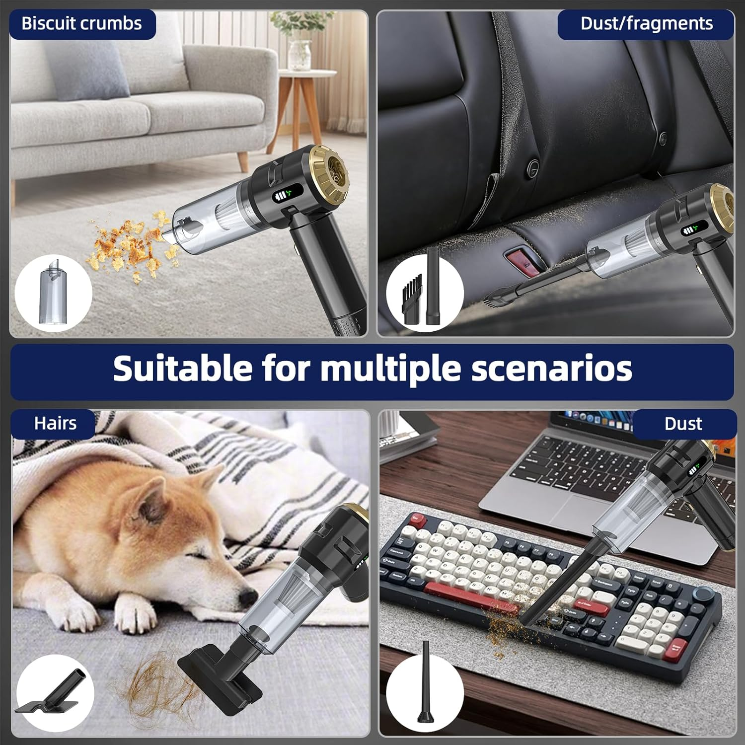 Cordless Handheld Vacuum Cleaner,Rechargeable Portable Lightweight Dust Blower,22000Pa Powerful Suction Mini Car Vacuum Cleaner for Deep Cleaning of Home,Car and Pet Hair(Black-Gold) image number 2