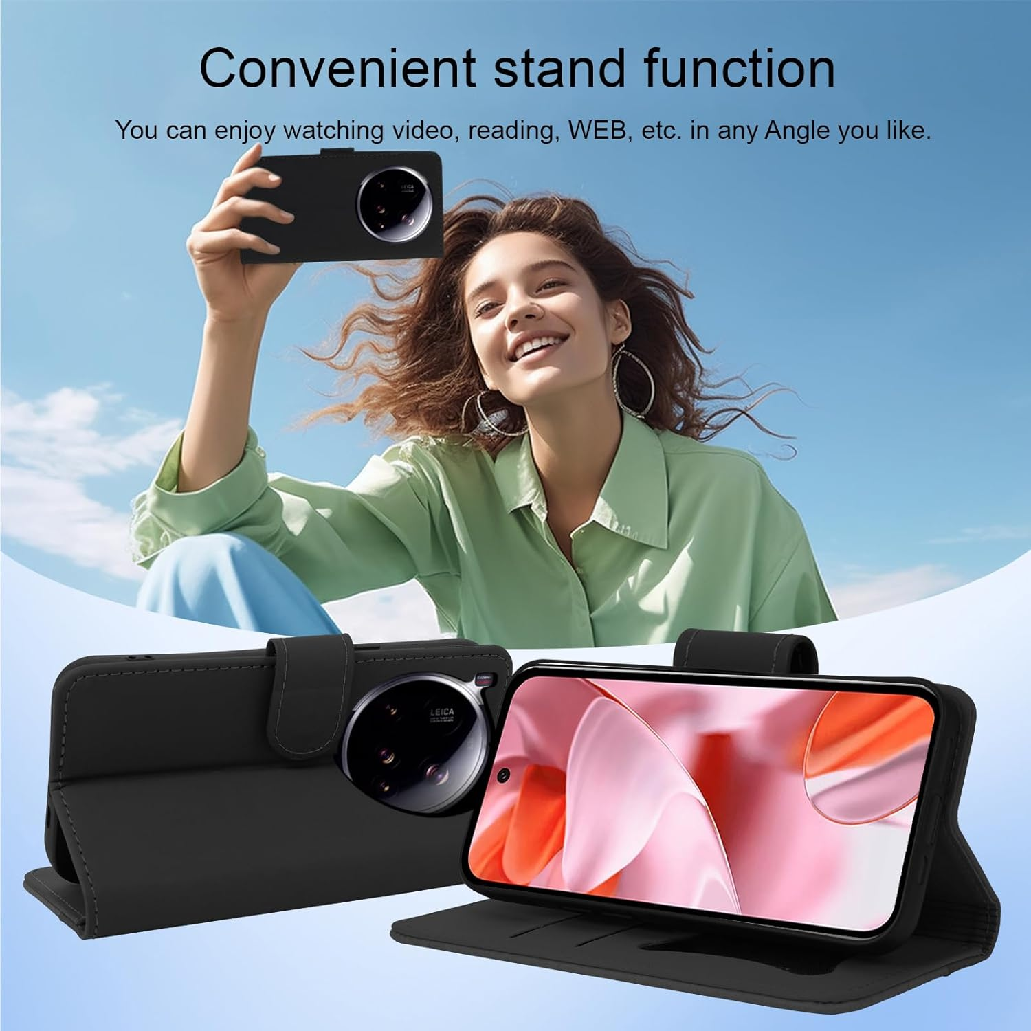 TEDTIKJT Mobile Phone Case for Xiaomi 15 Ultra 6.73 Inch Case with Stand Function Card Slot Protective PU Leather Flip Cover for Xiaomi 15 Ultra Case Foldable, Business Splicing Black image number 4