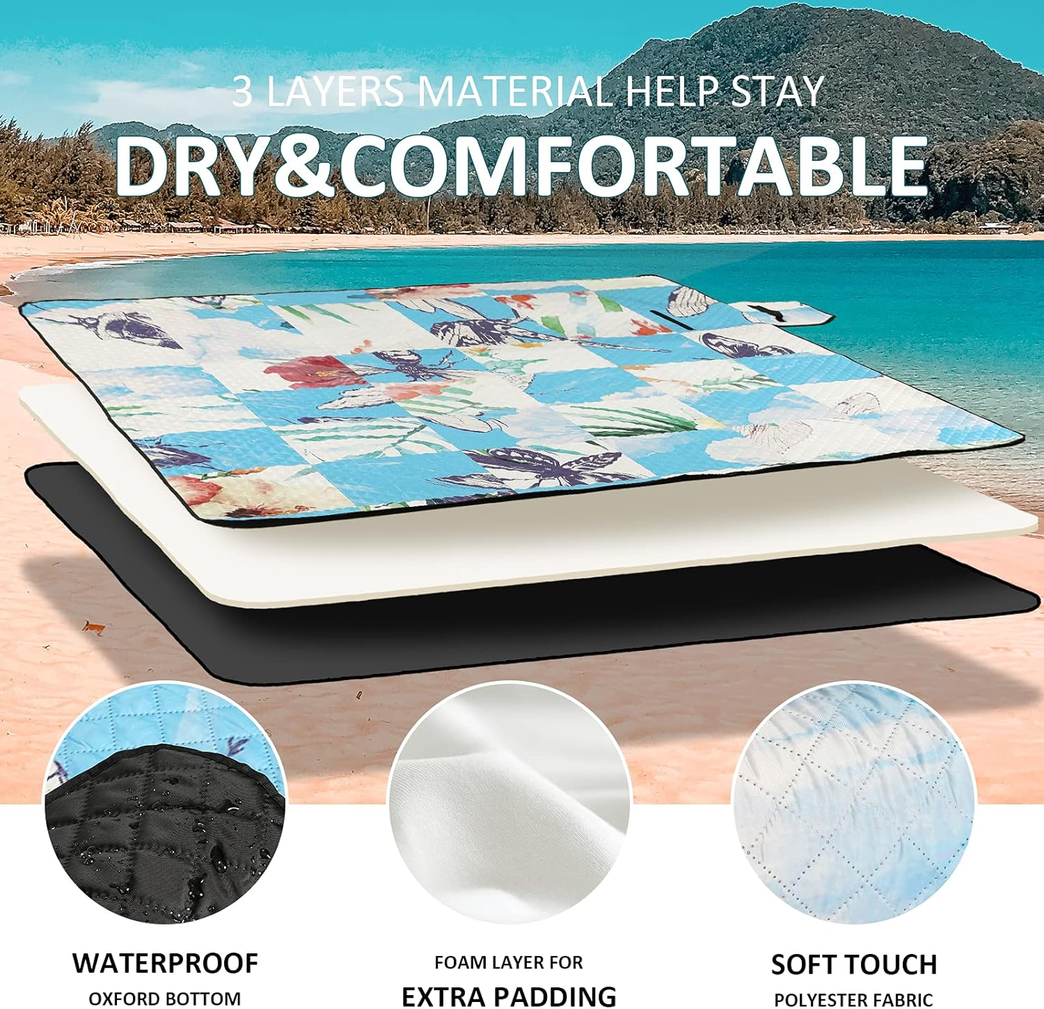 AMMSUN Picnic Blanket Mat Rug Waterproof Sandproof 200X200Cm 4-8 Person Extra Large Beach Blanket Easy to Fold Lightweight Skin-Friendly and Comfortable for Beach, Camping,Family Concerts,Park