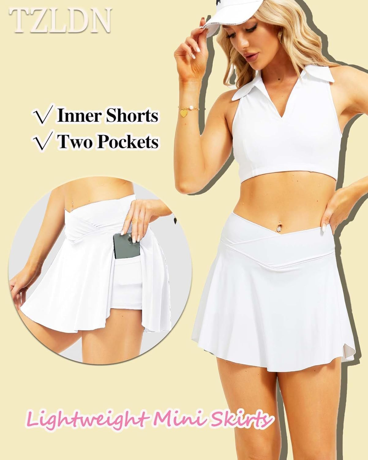 TZLDN Women'S Criss Cross V-Cut Tennis Skirt with Pockets Inner Shorts Side Slit High Waist Tummy Control Skater Skirt Athletic Golf Sport Skorts Casual Versatile Pleated Mini Skirt image number 5