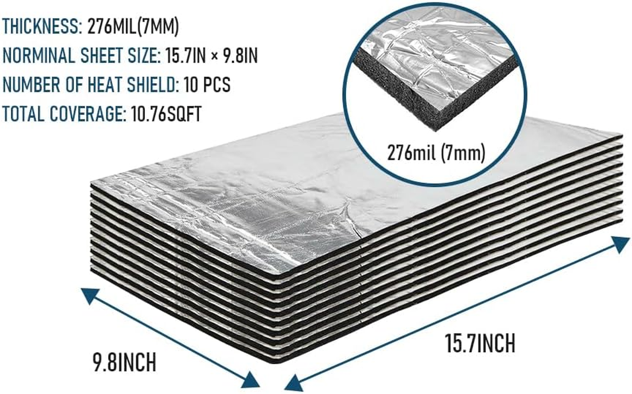 Car Sound Deadening Mat, Heat Shield Mat, Automotive Sound Deadener, Noise & Heat Insulation, Moistureproof Waterproof, 197Mil 10.76Sqft (10 Sheets 15.7" X 9.8") image number 1