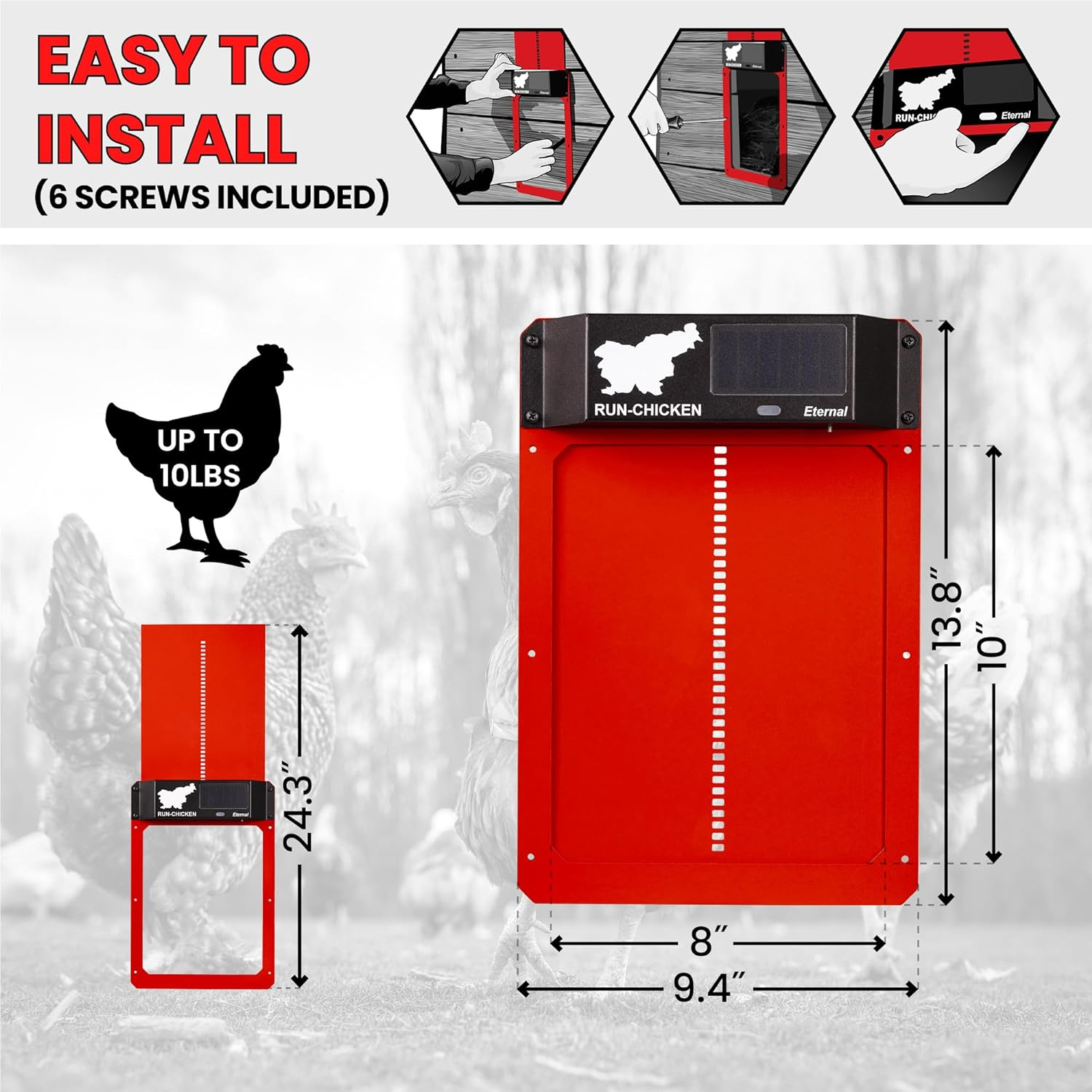 Run-Chicken Door (Red) Solar Chicken Coop Door, Battery Powered Automatic Chicken Coop Door, Programmable Electric Chicken Door with Timer, Light Sensor, Solar Powered, Model Eternal image number 5