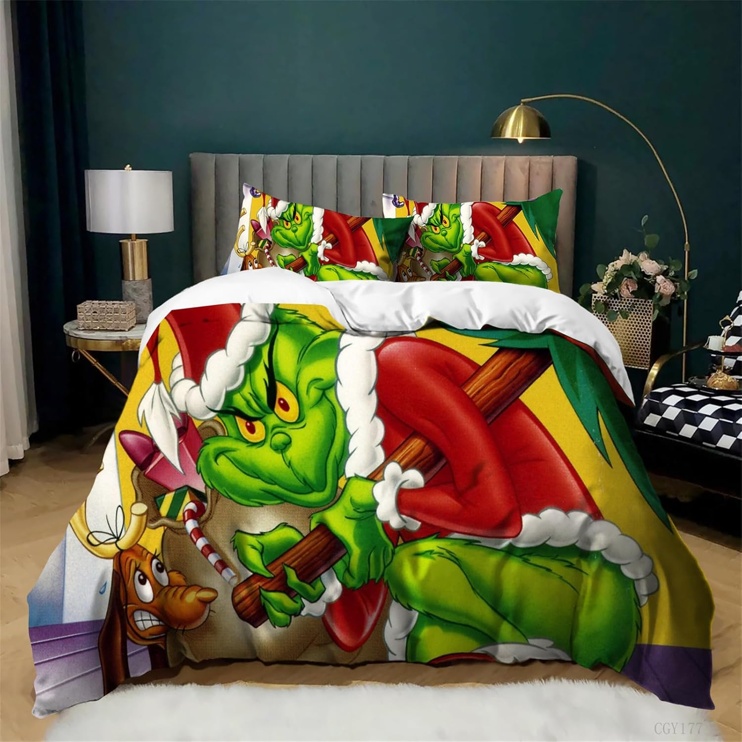 The Grinch Duvet Cover Bedding Set 3 Pieces Soft Breathable Comforter Set Lightweight All Season 1 Duvet Cover with 2 Pillow Shams