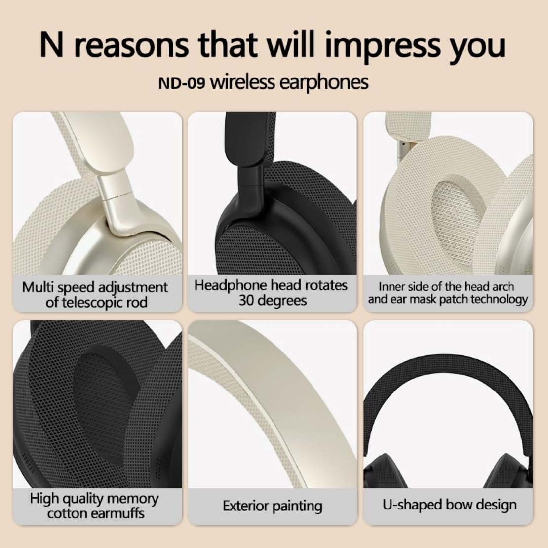 ND NEXT DESTINATION - 8902 Wireless Headphones with Bluetooth 5.3 with Powerful Bass and Stereo Sound, Adjustable Headband with Long Battery Life image number 6