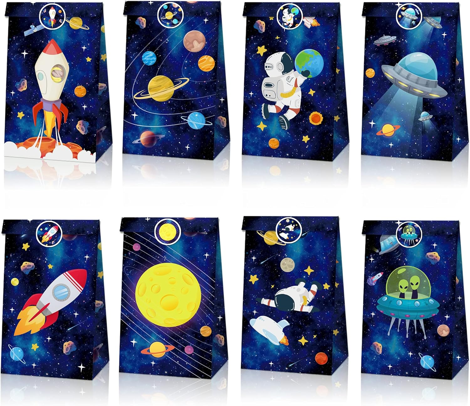 Outer Space Party Favor Bags - 24 Pack with 36 Stickers, Planet Galaxy Candy Bags - Goodie Bags for Birthday, Baby Shower, Space Theme Party