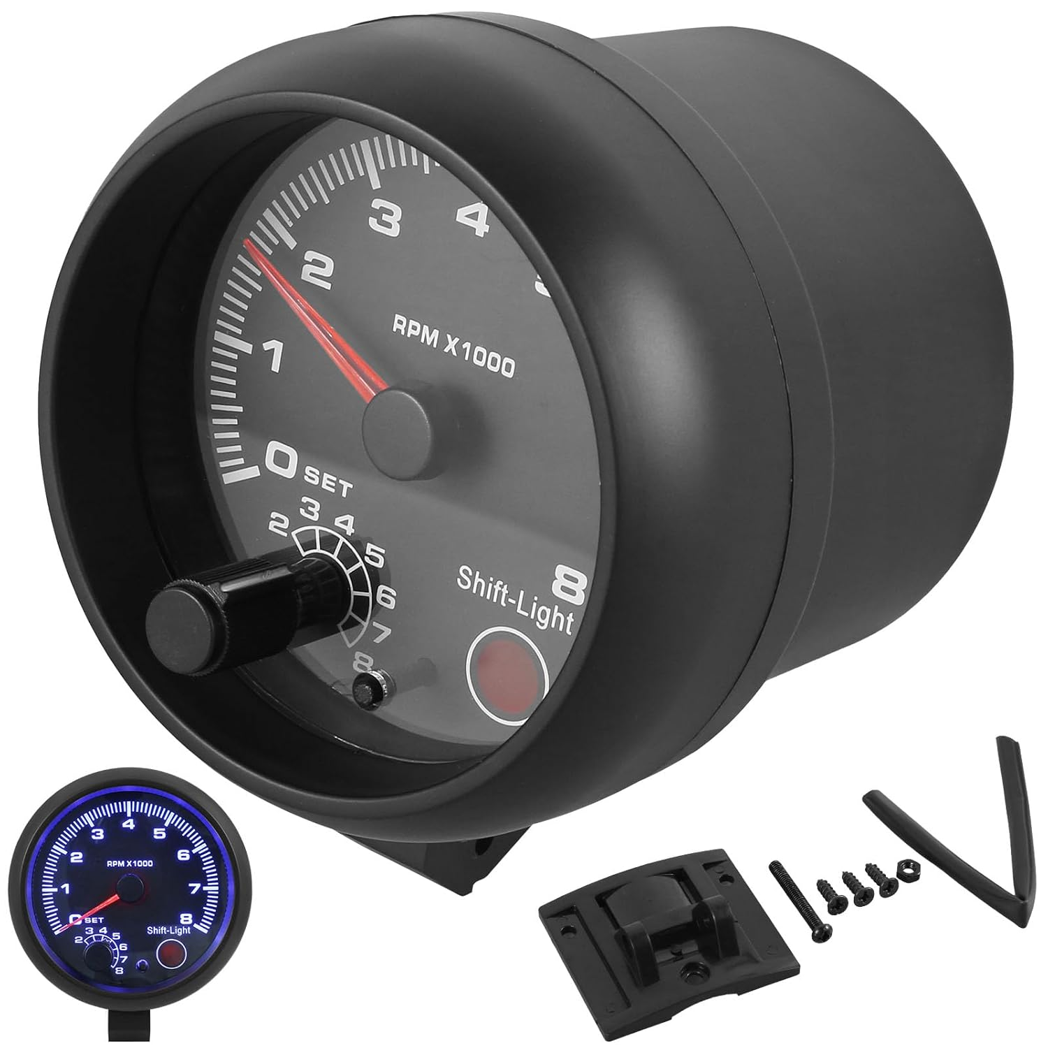 Car Tachometer Gauge Universal Car RPM Tachometer Gauge 3.75In Automobile Tachometer Adjustable Blue Inter Shift Light 0-8000RPM with Install Accessories for 12V Petrol Cars 1-2 Cylinder Motorbike image number 3