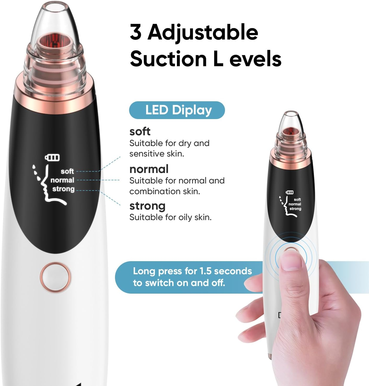 Blackhead Remover Pore Vacuum for Face & Nose &ndash; Deep Cleansing Blackhead Remover Tools with 3 Suction Levels, 5 Replaceable Tips, USB Rechargeable Pore Cleaner image number 5