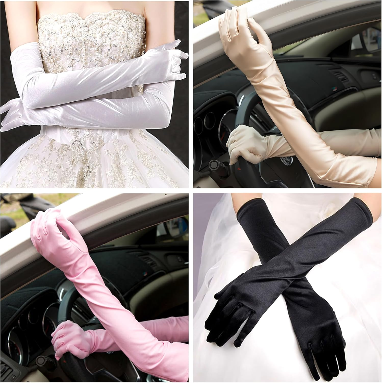JUNART Long Satin Gloves,Elegant Elbow Length Gloves for Opera Party, Wedding, Evening Dresses,Carnival Costume, Dance image number 4