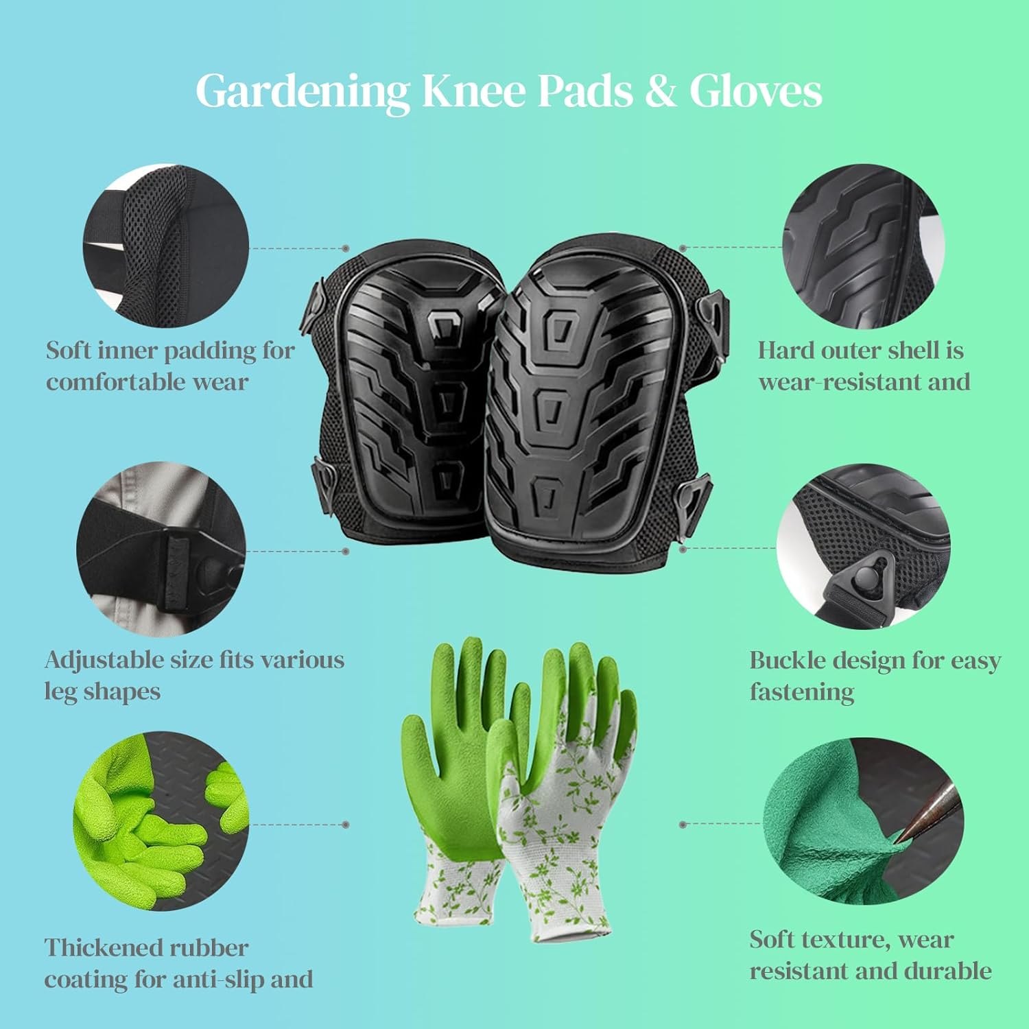 Garden Knee Pads & Gloves Set for Gardening, Heavy Duty Knee Protectors with Soft Foam Padding, Adjustable Straps & Non Slip Shell, Comfortable Garden for Men & Women image number 2