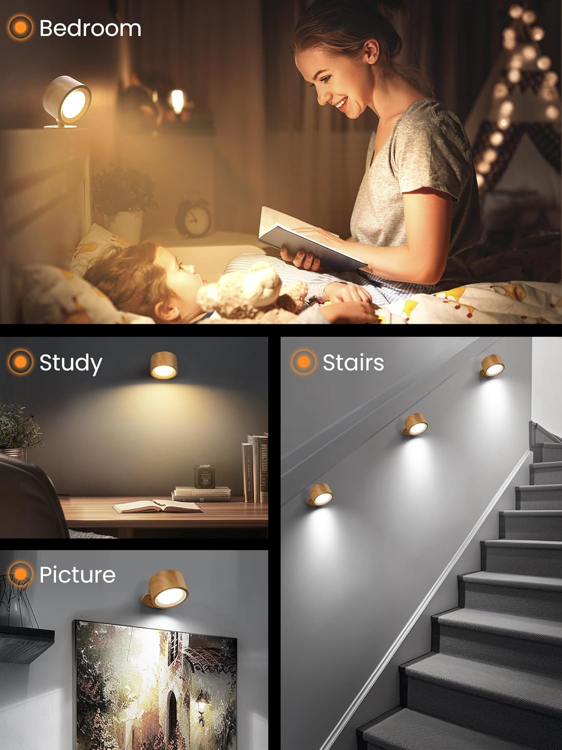LED Wall Lights Battery Powered Wall Light Rechargeable Lamp, Picture Lights 3 Color Temperatures and Dimmable, 360&deg; Rotation Magnetic Cordless for Bedroom - 2 Pack - Mood image number 5