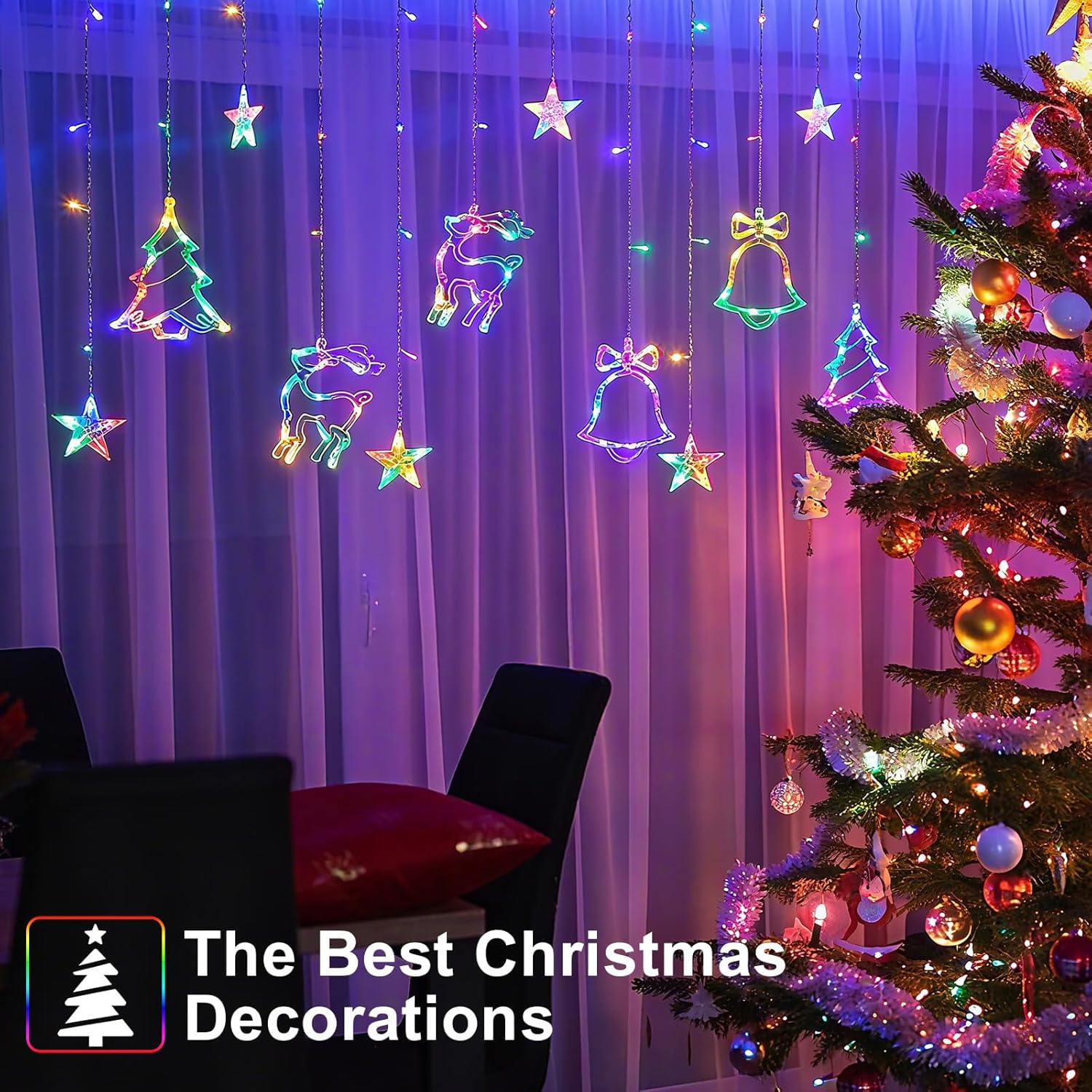 Christmas Window Lights, 138 LED 3.5M Christmas Decorations Indoor Lights with Christmas Tree Bell Reindeer Star, Alway-On Flash Hanging Decors Lights for Party Home Window(Multicolor) image number 1