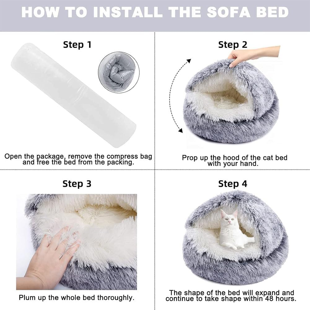 Aufondof Cat Bed round Soft Plush Burrowing Cave Hooded Ped Bed for Dogs & Cats Comfortable Self Warming Small Dog Bed Plush Calming Cat Bed (40Cm) (Brown) image number 3