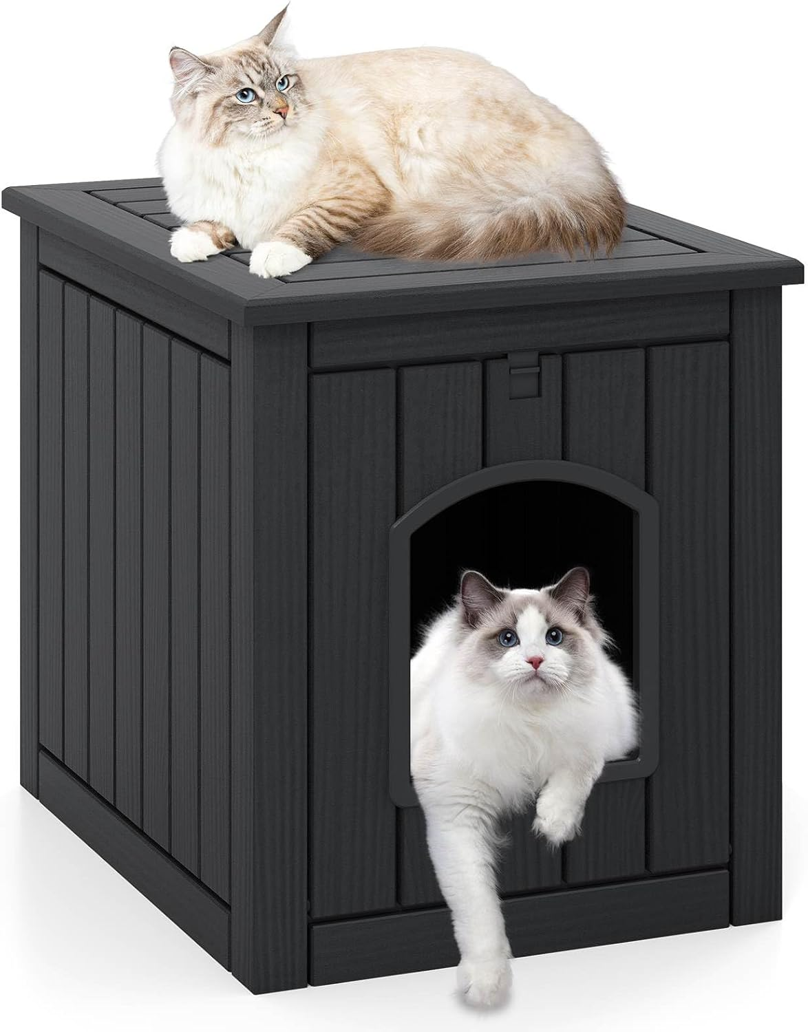 Costway Indoor Outdoor Cat House, Hidden Cat Litter Box Enclosure W/Flip Front Door & Raised Floor, Waterproof Puppy Shelter, Decorative Pet Cabinet Side Table for Poolside, Garden (Black)