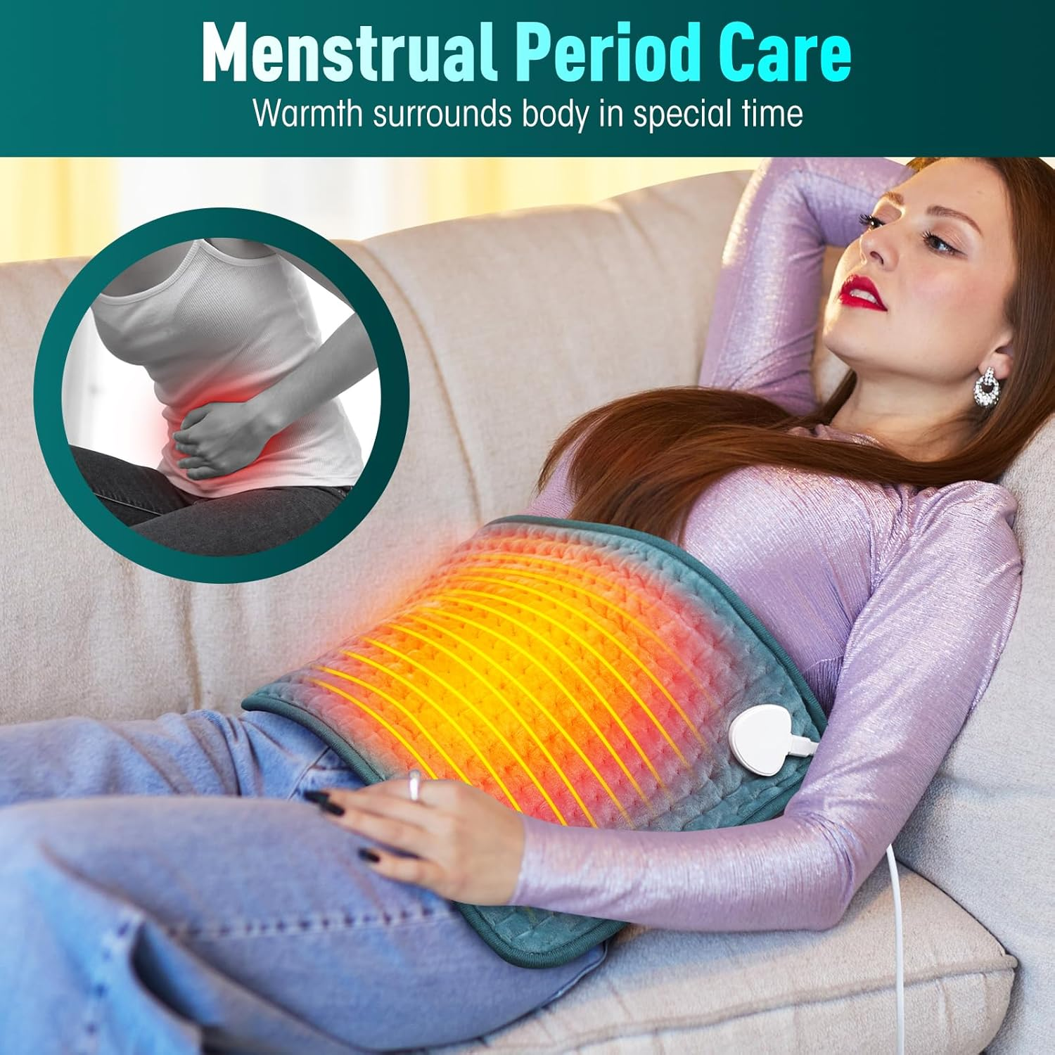 Electric Heating Pad, Soft Heated Pad with LCD Controller, 9 Heating Levels, 4 Gears Timing, Fast Heating & Machine Washable, Great for Back Neck Shoulder Belly Leg Arm, 60Cmx30Cm, Green image number 3