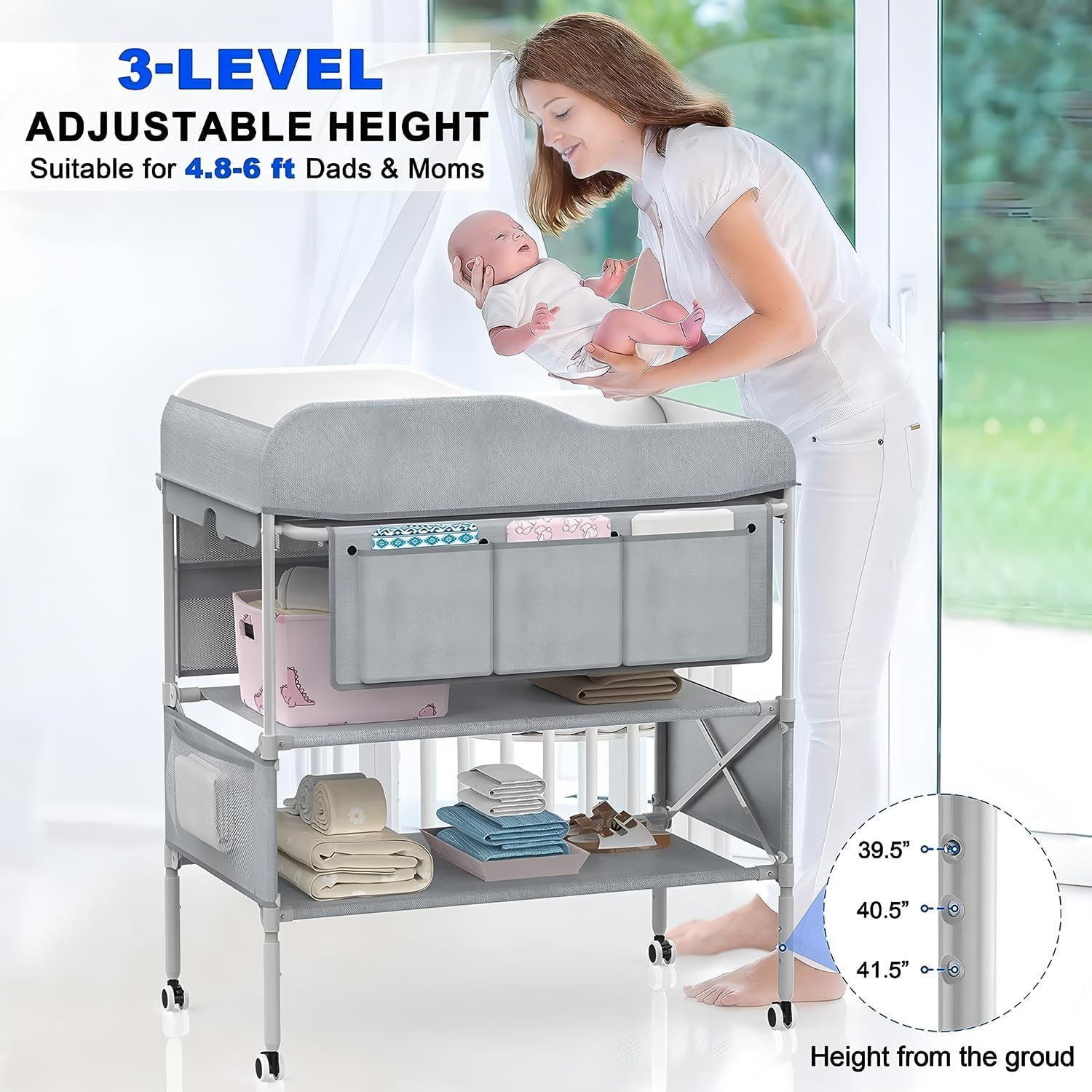 Portable Baby Changing Table,Foldable Changing Table Dresser Baby Changing Station with 2 Basket for Essentials, 3 Position Height Adjustable for Infant Newborn