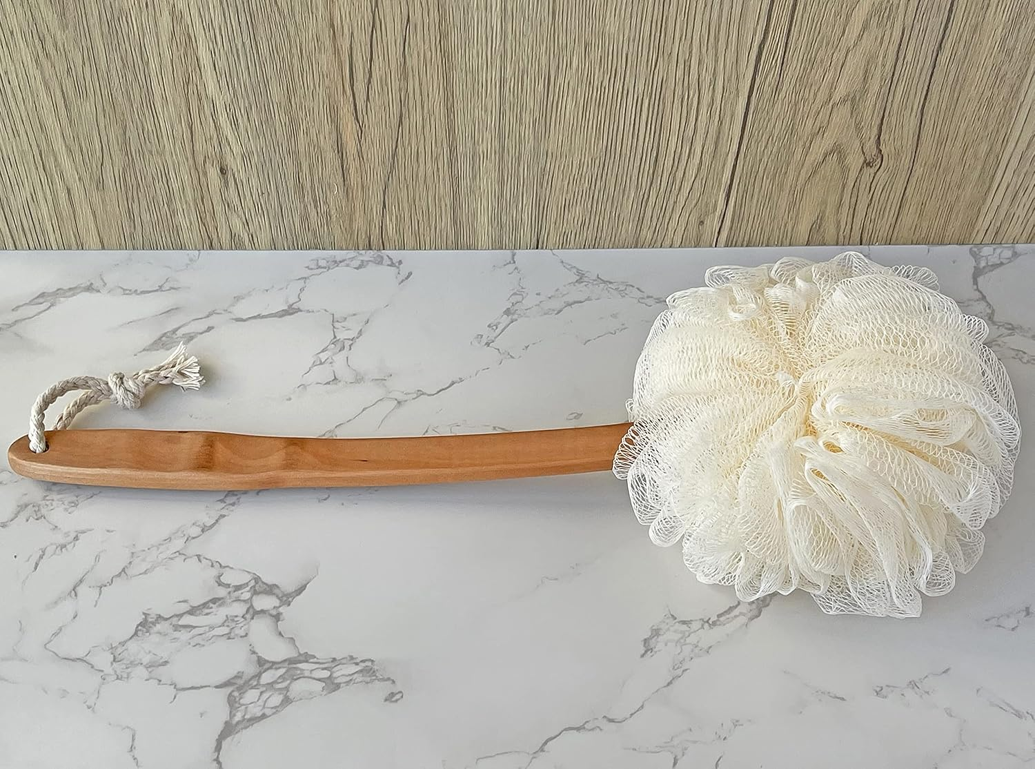 Shower Loofah Body & Back Scrubber - Exfoliating Loofah Bath Brush on a Stick - with Long Wooden Handle Back Brush for Men & Women - Easy Reach Body Wash & Lotion Applicator（White）