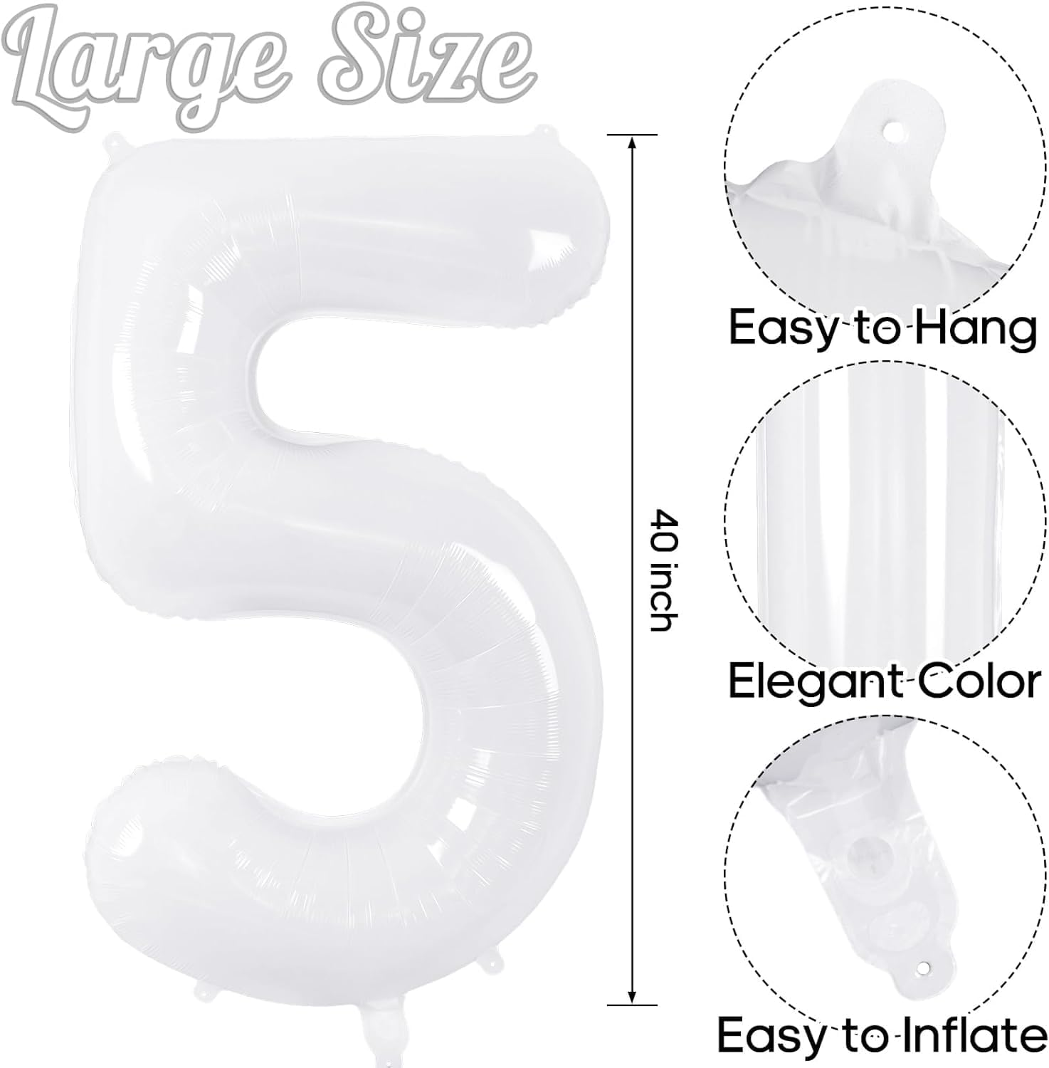 40 Inch Big Number White 5 Foil Balloon for Birthday Anniversary Graduation New Year Party Decoration image number 2