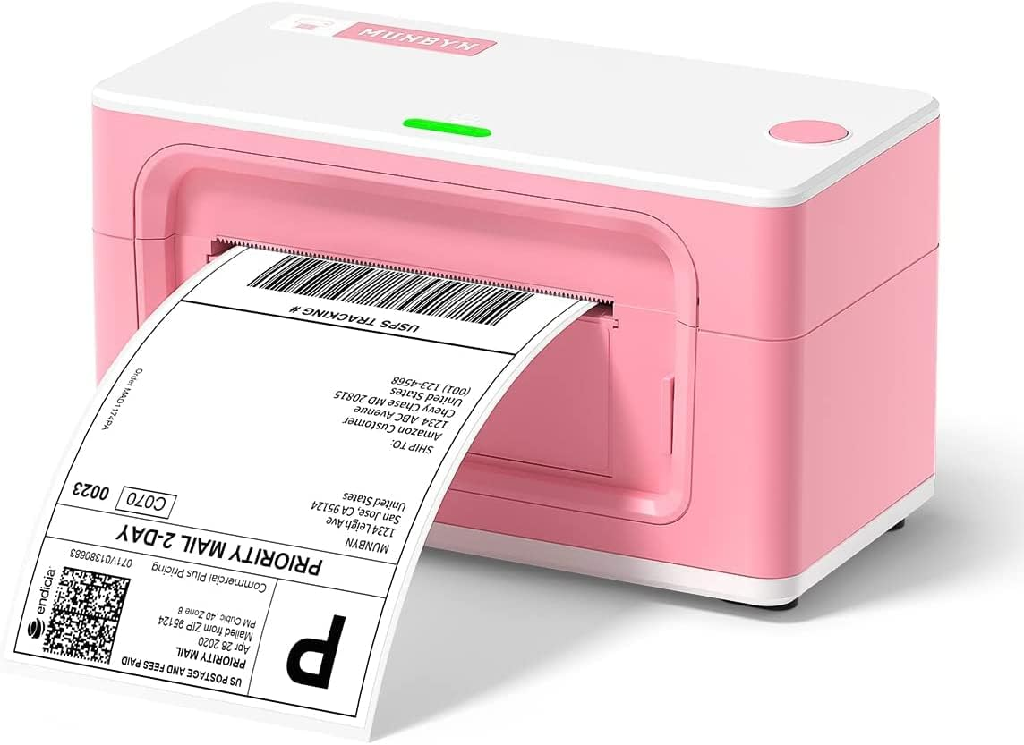 MUNBYN Shipping Label Printer USB 4X6 for Shipping Packages Postage Address Home Small Business, Compatible with Etsy, Shopify, Amazon, Royal Mail, Fedex, UPS, 941U, Pink