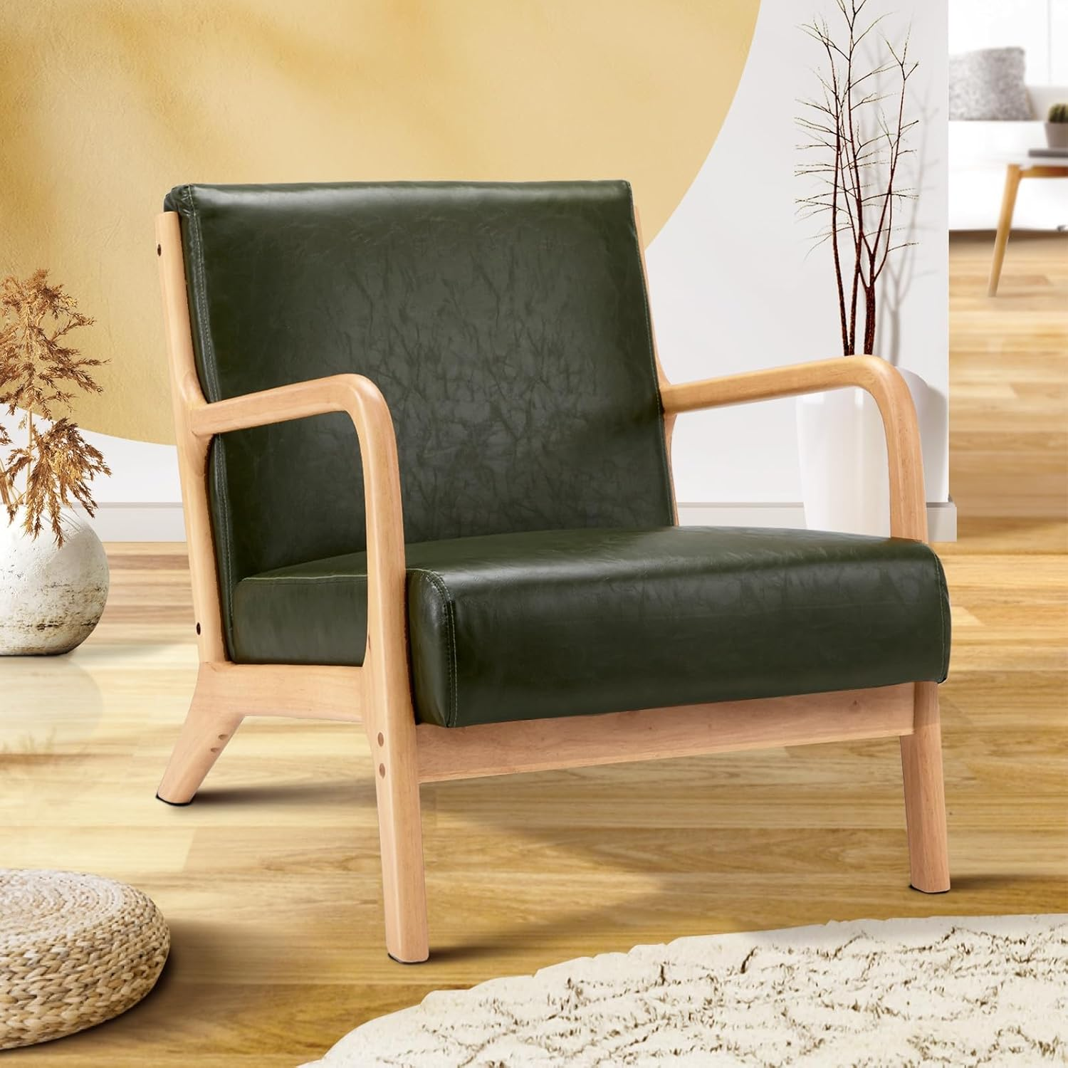 Oikiture Armchair with 2 Seater, Wooden Frame Lounge Chair with Pillow and Cushion Beige