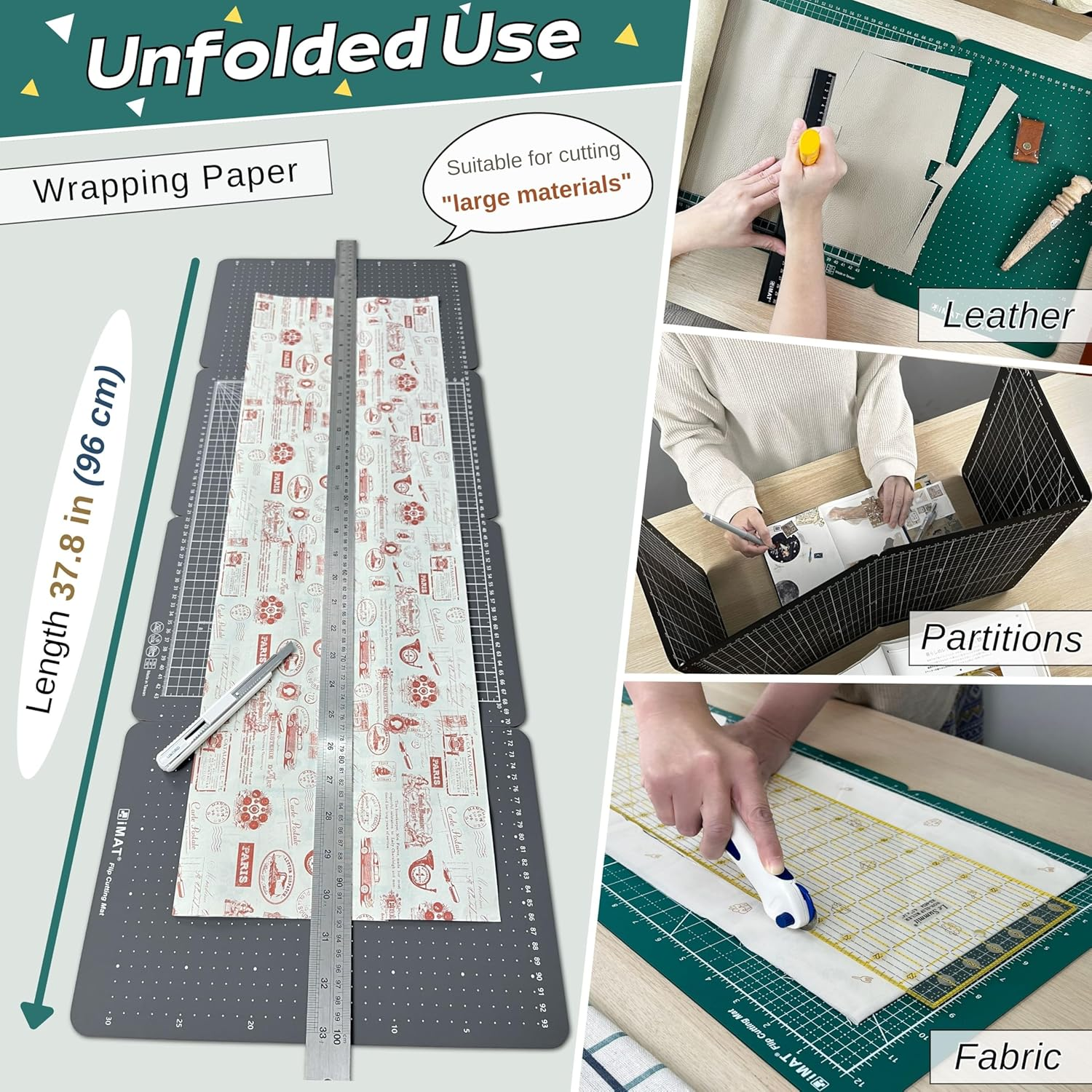 Imat Flip Cutting Mat M Type &ndash; Foldable to A4-Like Size (24&times;35 Cm), Expands to 96&times;35 Cm, Double-Sided (Inches/Cm Scale), Ideal for Craft Projects (Ash Grey)