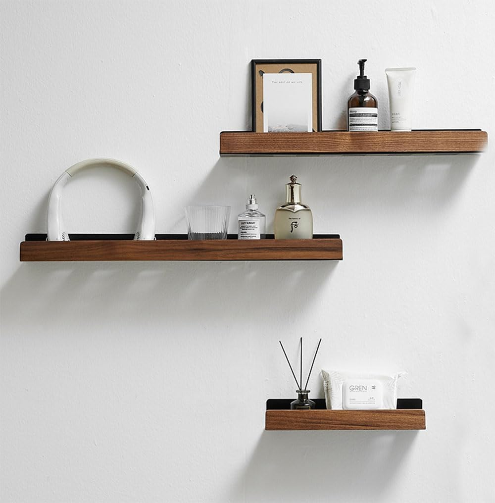 Wall Mounted Floating Metal Shelf Ledge, White Bathroom Shelf Wall Mount Shelf Decorate with Solid Wood Edges Space Saving Rustproof Extra Strong Floating Shelves Storage Shelf (20 Cm)
