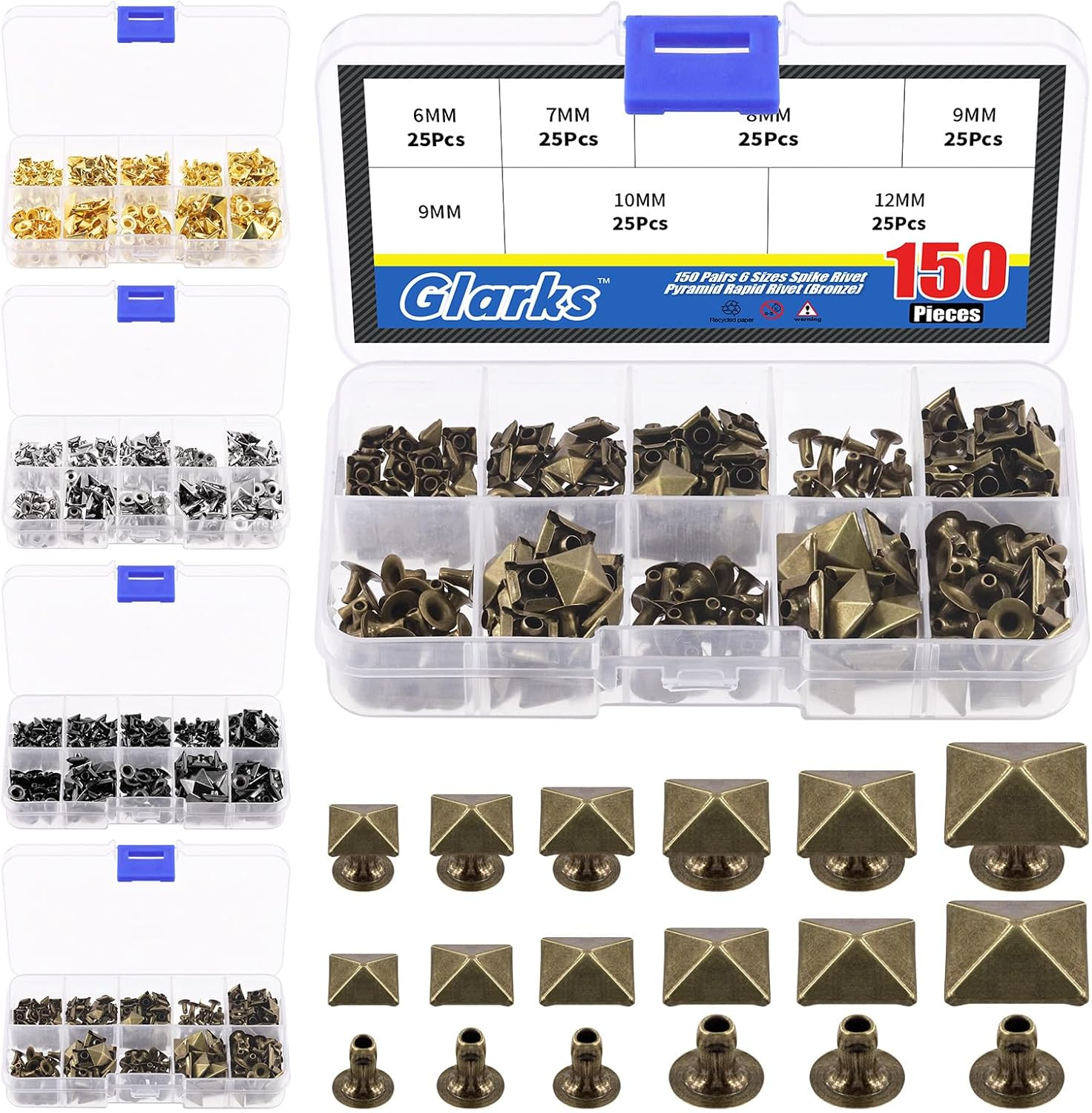 Glarks 150Pcs Bronze Spike Rivet, 6Mm 7Mm 8Mm 9Mm 10Mm 12Mm Pyramid Rapid Rivet Studs Square Punk Spikes Leather Craft Decoration for Clothing Belts Bags Shoes image number 5