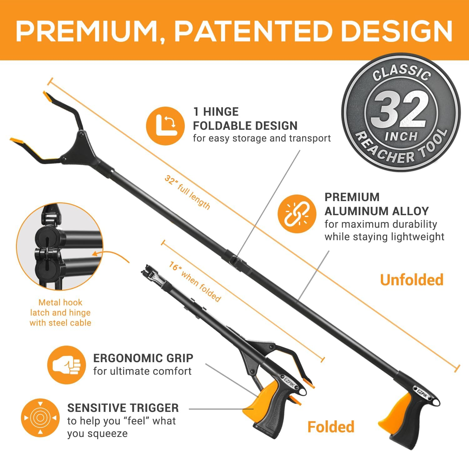 EZPIK Classic 80 Cm Flexible Folding Grabber Tool for Elderly + Magnets, Reacher for Disabled & Seniors Heavy Duty Rotating Grippers for Reaching Underneath, Trash Grabbers & Pickers for Mobility image number 5