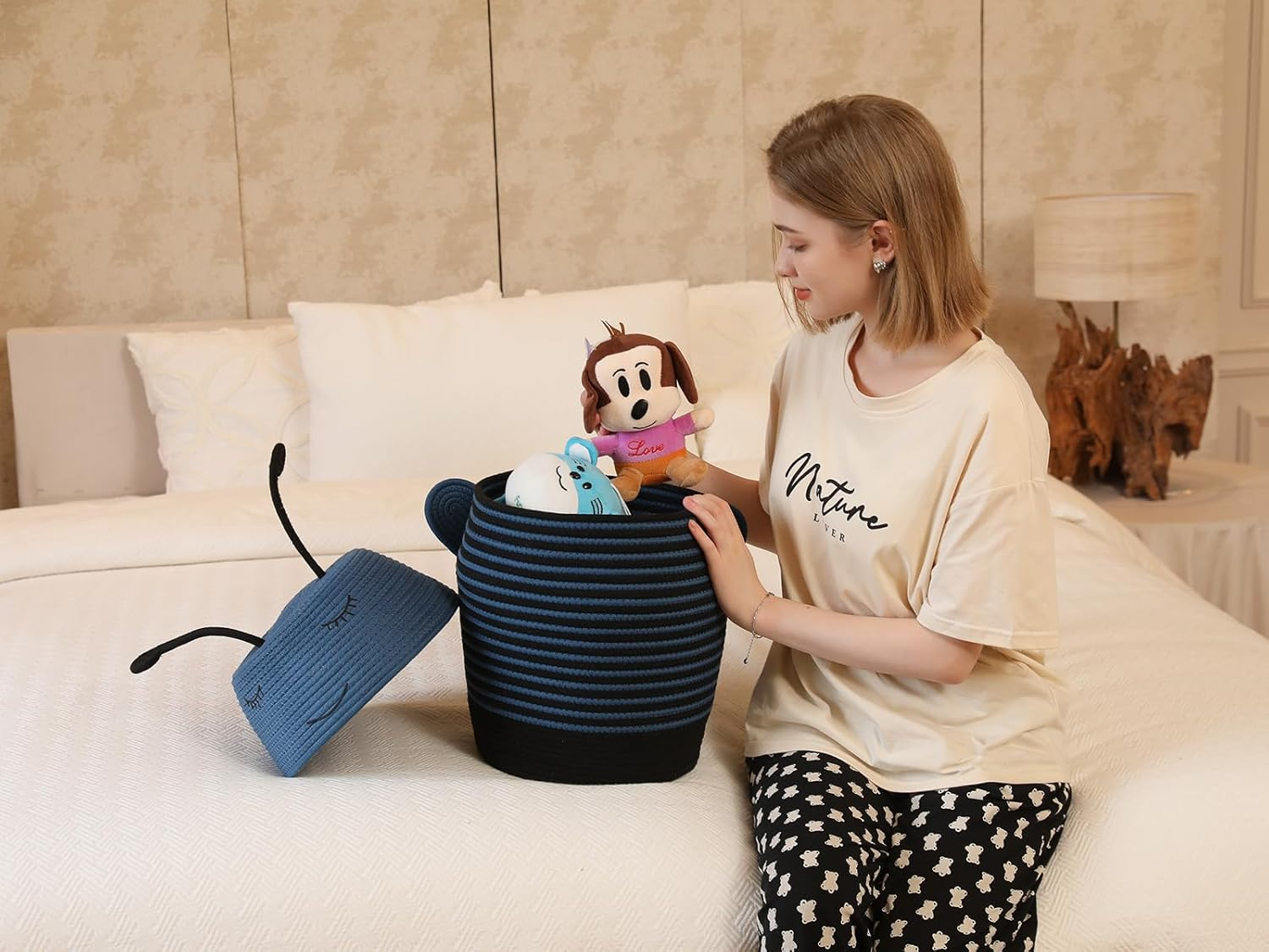 Cottonphant Handcrafted Animal Inspired Basket with Lid | Cotton Storage Solution for Organization in Bedroom | Perfect Organizer for a Shower or Retreat (Dark Blue Bee, 12"X18") image number 6