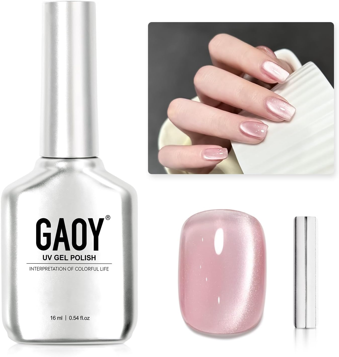 GAOY Glassy Cat Eye Gel Nail Polish, 16Ml Glitter Holographic Gel Polish with Magnet, Reflective Translucent UV Gel, 2341 Silvery Moonlight