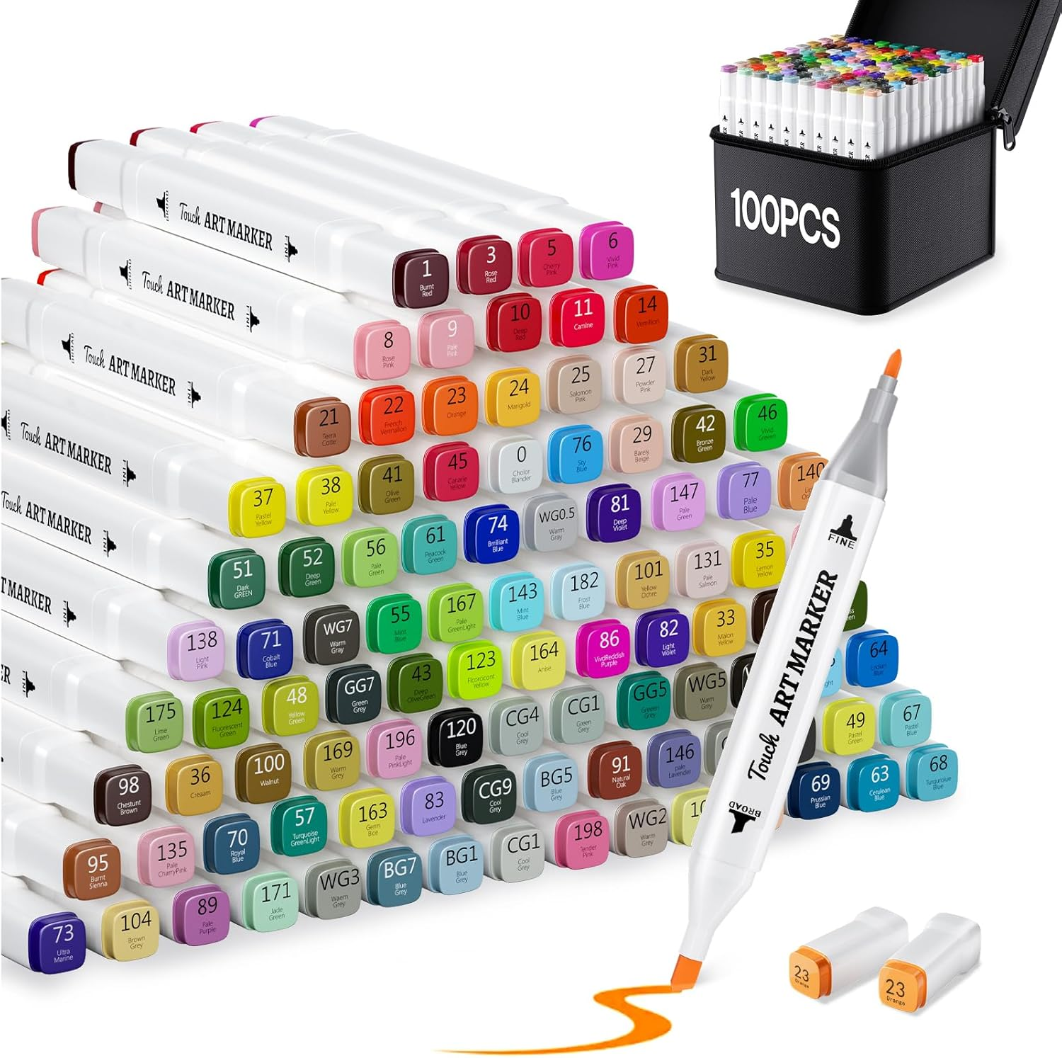 Sashion 100 Colors Alcohol Markers - Dual Tip Colouring Art Drawing Markers, Alcohol Based Markers Set for Kids, Artist, Adult, Highlighter Pen Sketch for Painting, Coloring, Sketching and Drawing image number 2