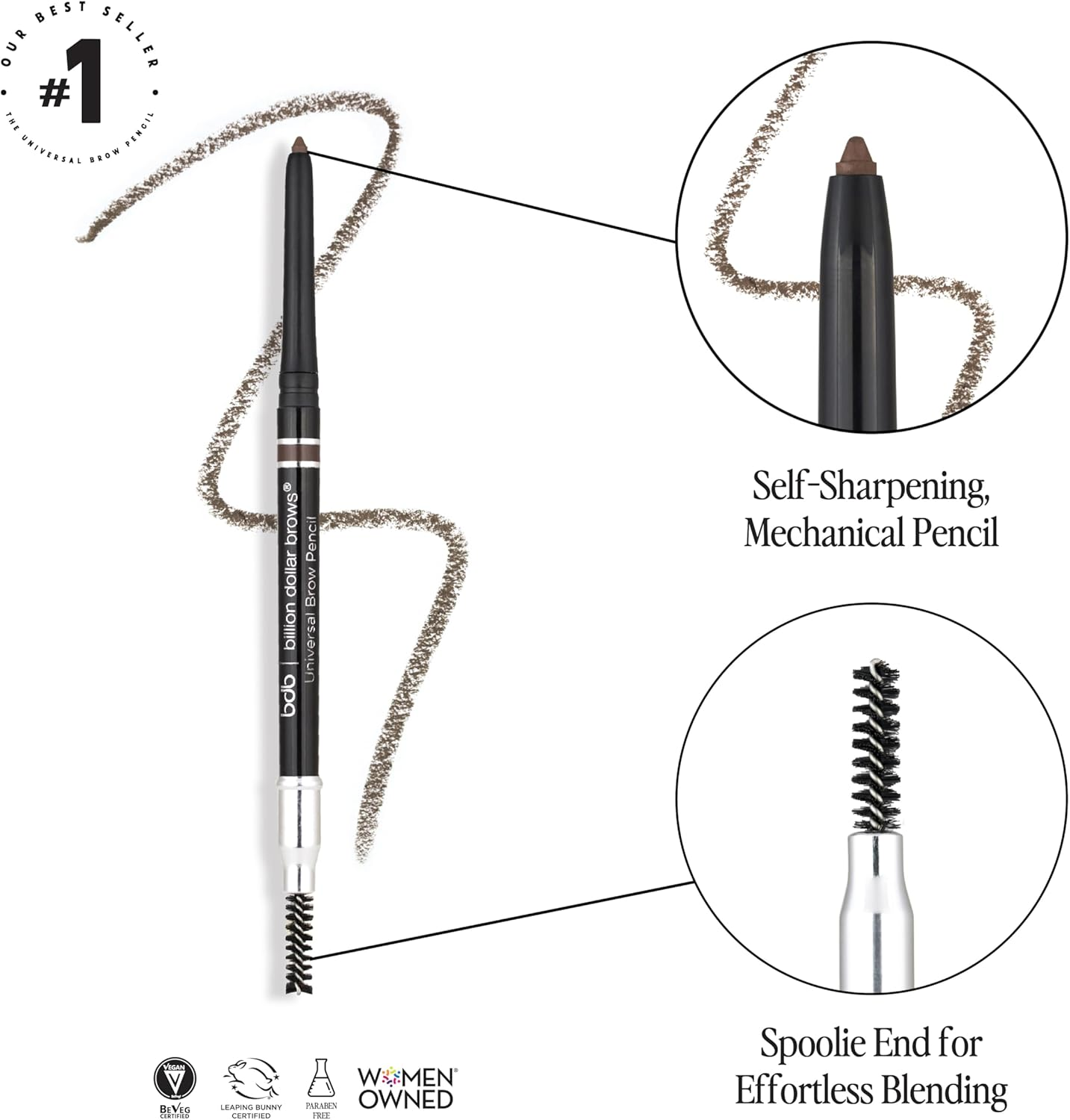Billion Dollar Brows Universal Eyebrow Pencil &ndash; Dual-Ended Design with Precision Tip & Spoolie, Matte Finish, Waterproof, Easy to Use, Vegan & Cruelty-Free for Perfectly Defined Brows image number 1