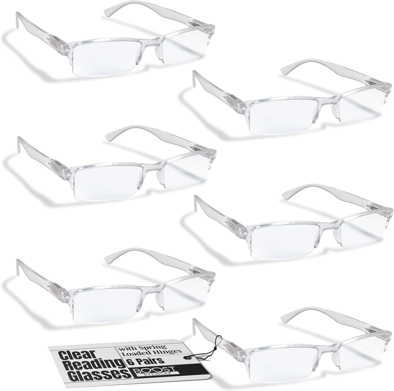 BOOST EYEWEAR 6 Pack Reading Glasses By, Clear Half Rim Frames, for Men and Women, with Comfort Spring Loaded Hinges, Clear, 6 Pairs (+2.00) image number 4