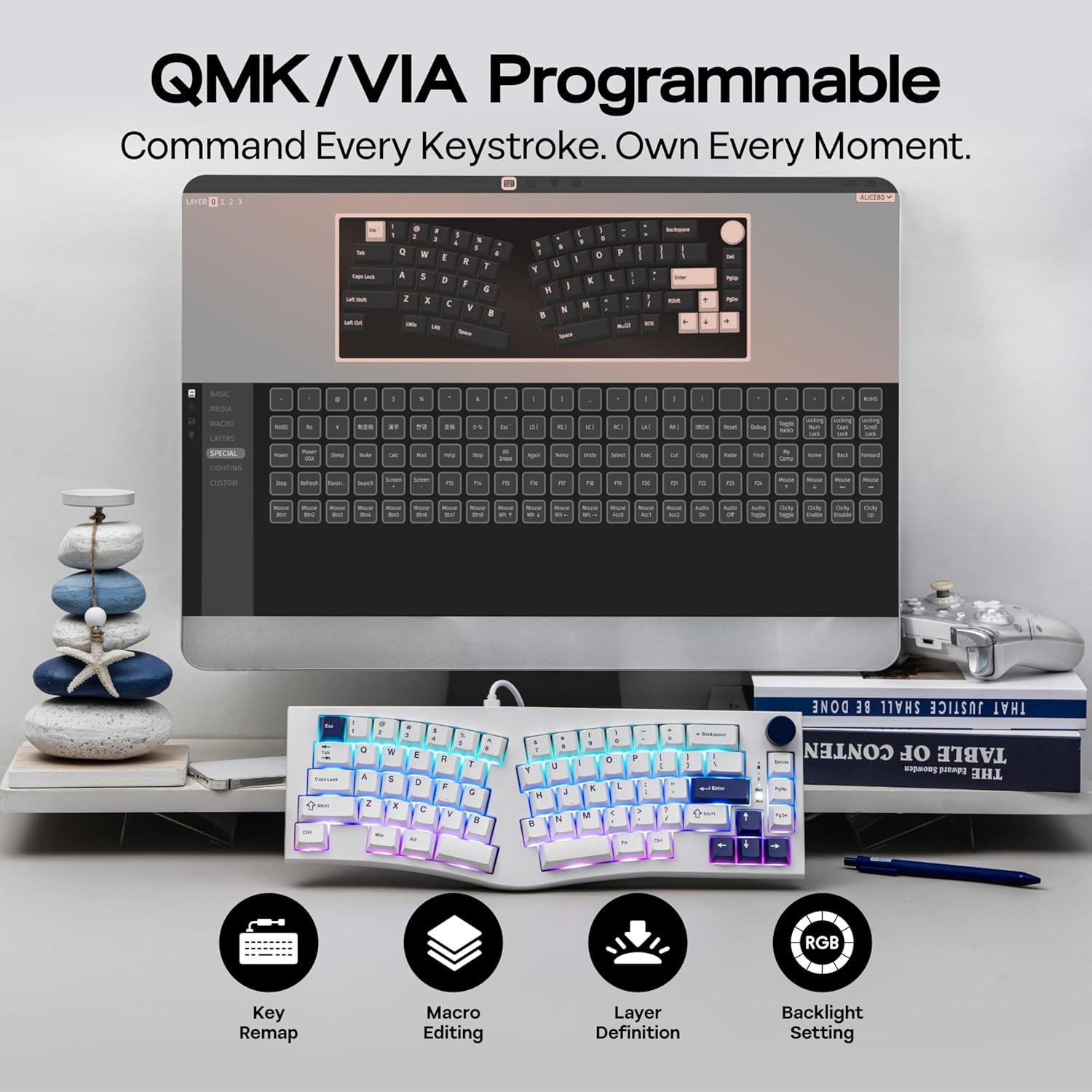 Mechlands Feker Alice80 68 Keys Ergonomic Mechanical Keyboard, QMK & via Programmable, Wired Gaming Keyboard with Creamy Gasket, Hot Swappable, 5 Layer Paddings, NKRO, RGB for Win/Mac (White) image number 2