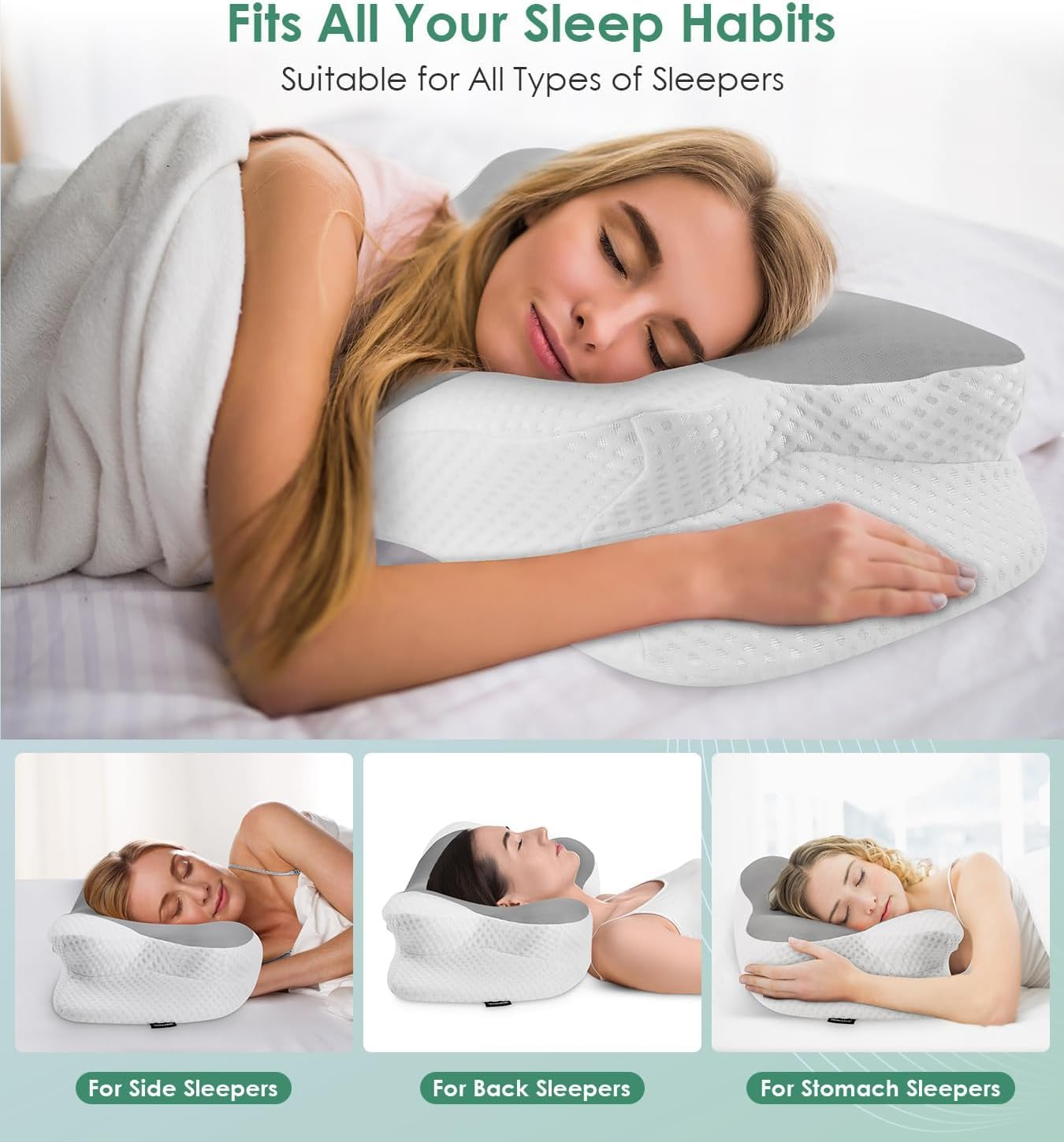 DONAMA Cervical Pillow for Sleeping, Contour Memory Foam Pillow for Neck and Shoulder Support, Ergonomic Neck Pillow for Side Back Stomach Sleepers, Bed Pillows with Cooling Silk Pillowcase image number 4