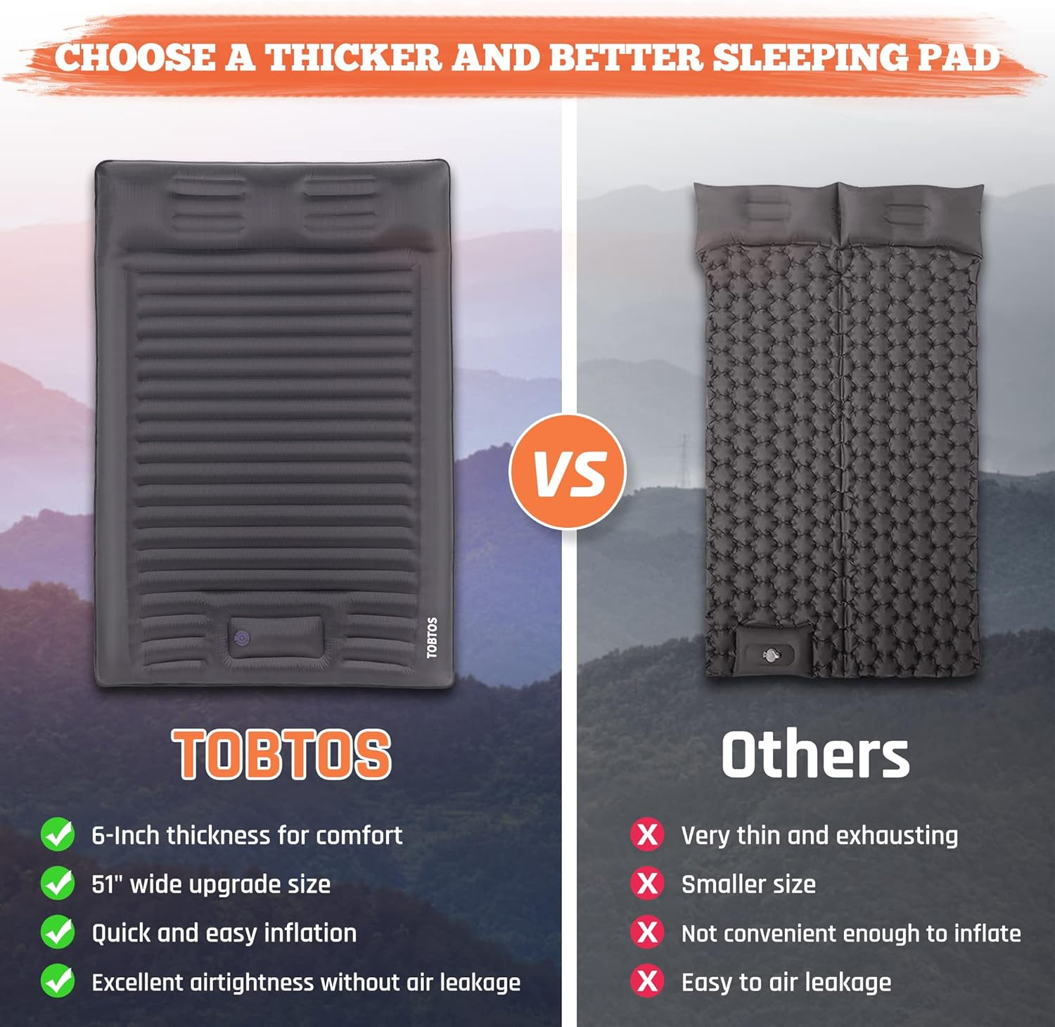 TOBTOS Double Sleeping Pad for Camping, Extra Thick 6" Camping Mattress 2 Person with Pillow Built-In Foot Pump, Inflatable Sleeping Mat for Camping, Backpacking, Hiking, Traveling image number 3